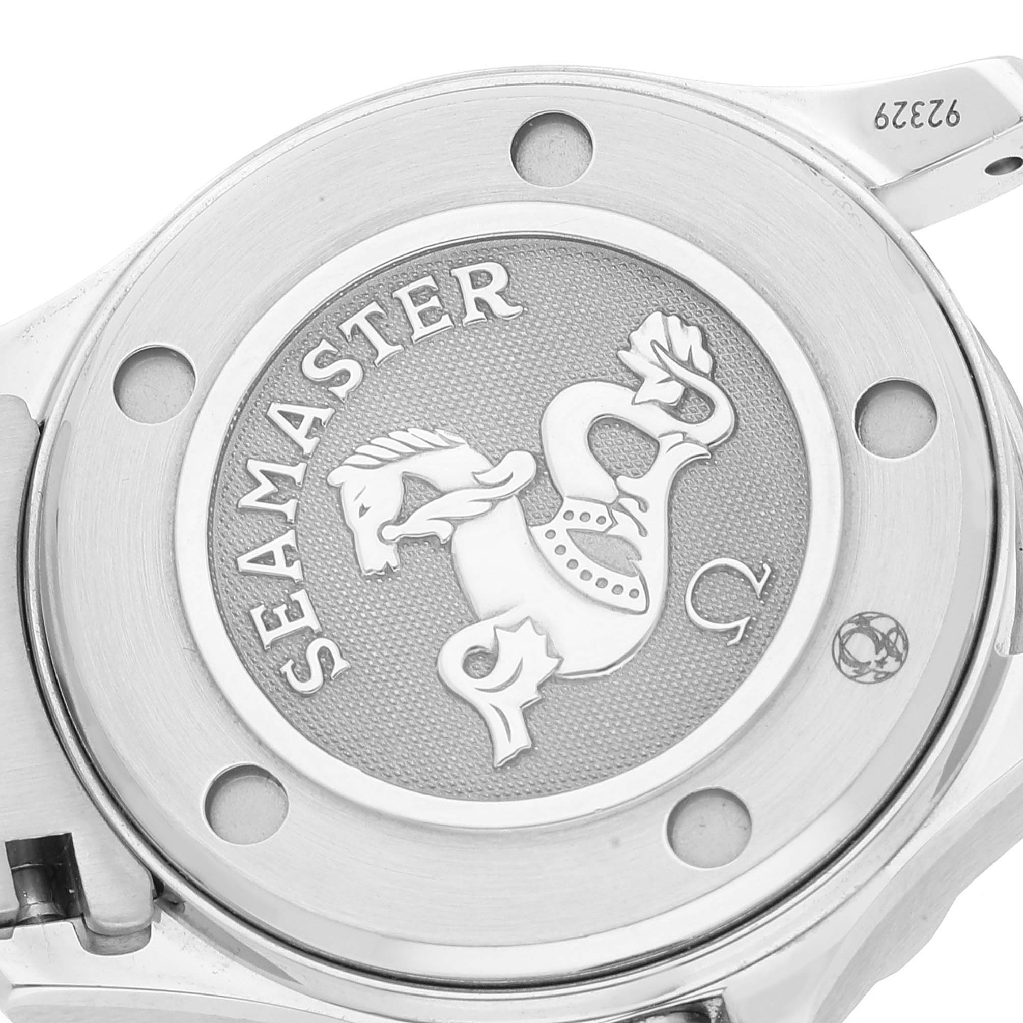 This image shows the back case of the Omega 212.30.28.61.01.001 Women's Stainless Steel Black Dial 212.30.28.61.01.001 Women's Stainless Steel Black Dial Seamaster Diver 300M 28mm Quartz Ladies Watch model 212.30.28.61.01.001.