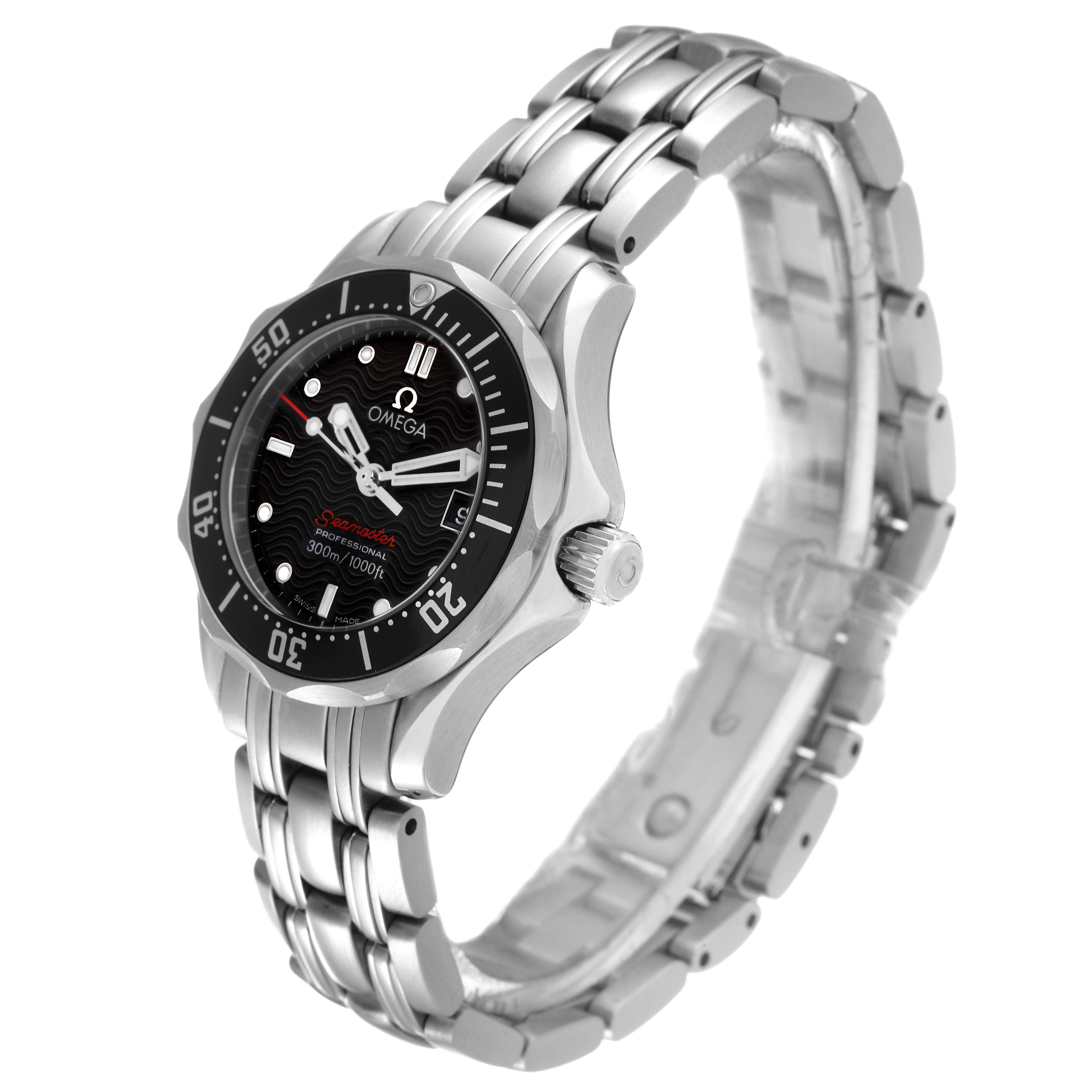 This Omega 212.30.28.61.01.001 Women's Stainless Steel Black Dial 212.30.28.61.01.001 Women's Stainless Steel Black Dial Seamaster Diver 300M 28mm Quartz Ladies Watch 212.30.28.61.01.001 is shown at a slight angle, displaying the face and stainless steel bracelet.