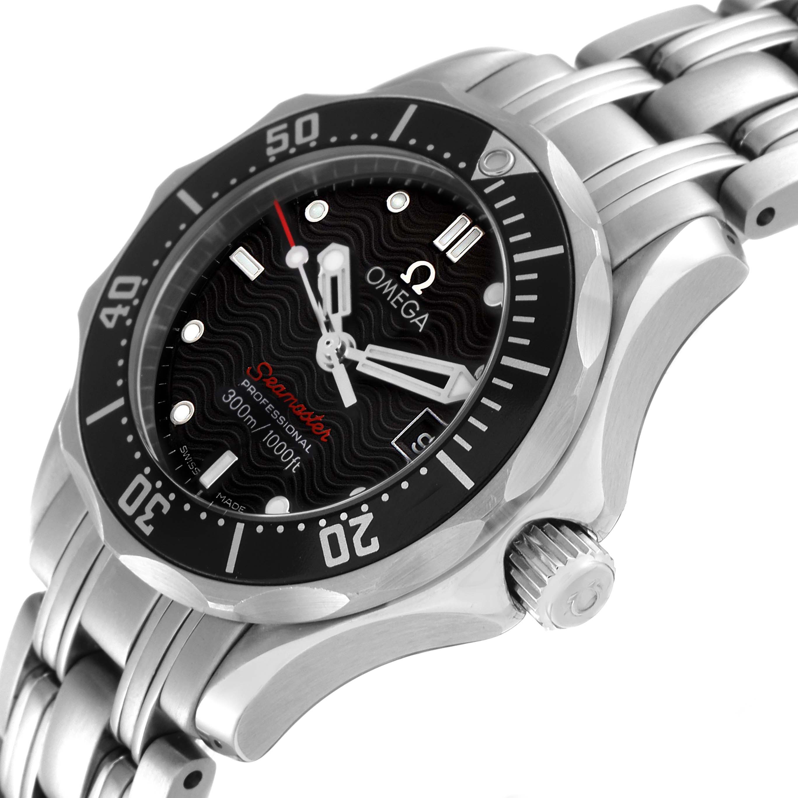 This Omega 212.30.28.61.01.001 Women's Stainless Steel Black Dial 212.30.28.61.01.001 Women's Stainless Steel Black Dial Seamaster Diver 300M Quartz Ladies Watch 212.30.28.61.01.001 is shown at an angled view focusing on the dial, bezel, and bracelet.