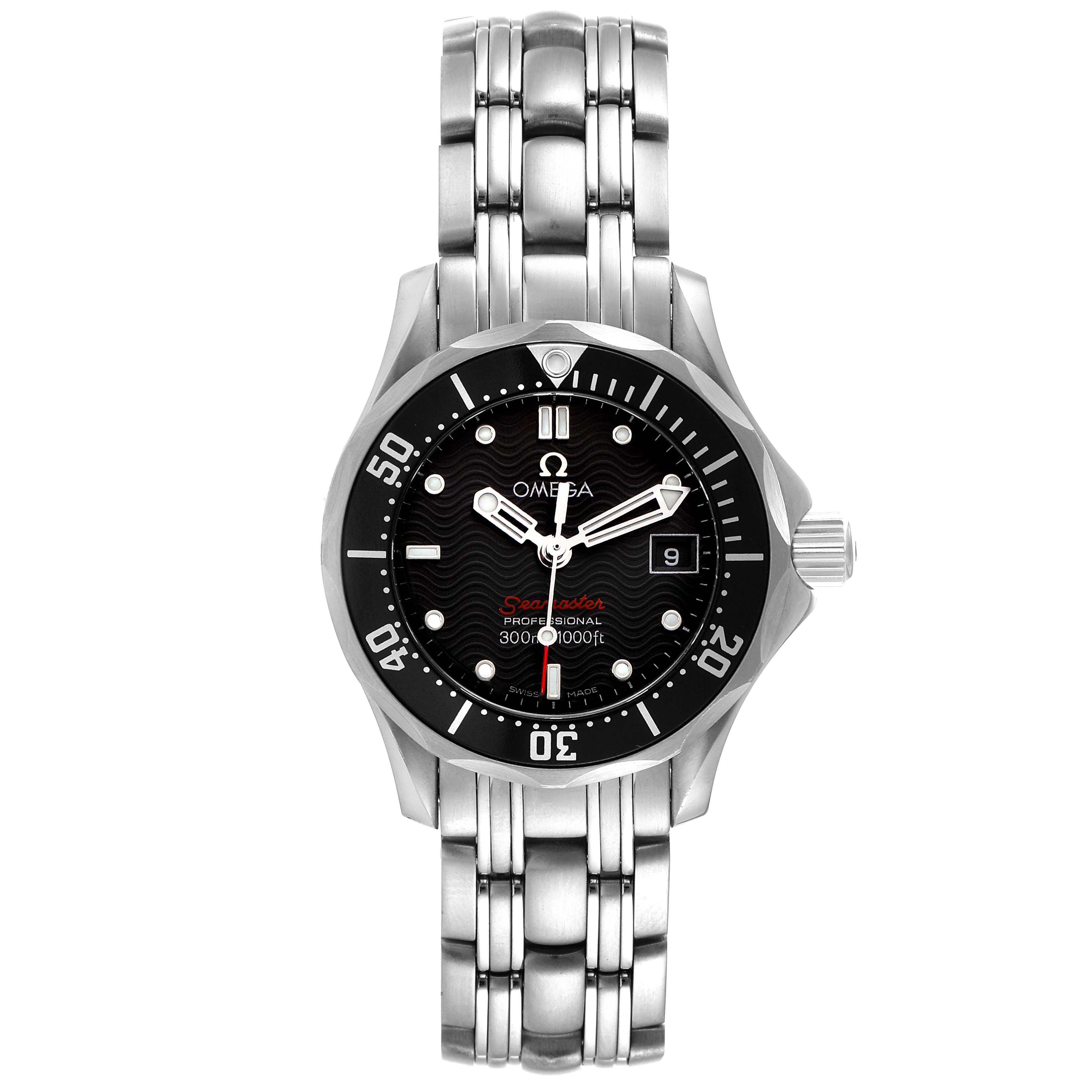 This image shows a front view of the Omega 212.30.28.61.01.001 Women's Stainless Steel Black Dial 212.30.28.61.01.001 Women's Stainless Steel Black Dial Seamaster Diver 300M 28mm Quartz Ladies Watch 212.30.28.61.01.001 with its bracelet and dial.