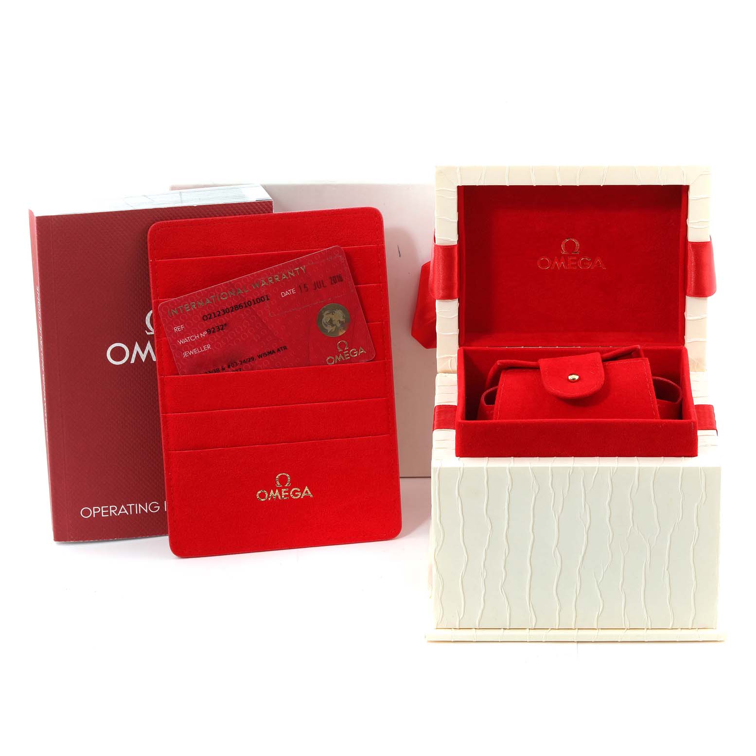 The image shows the box and warranty card for the Omega 212.30.28.61.01.001 Women's Stainless Steel Black Dial 212.30.28.61.01.001 Women's Stainless Steel Black Dial Seamaster Diver 300M 28mm Quartz Ladies Watch, model 212.30.28.61.01.001.