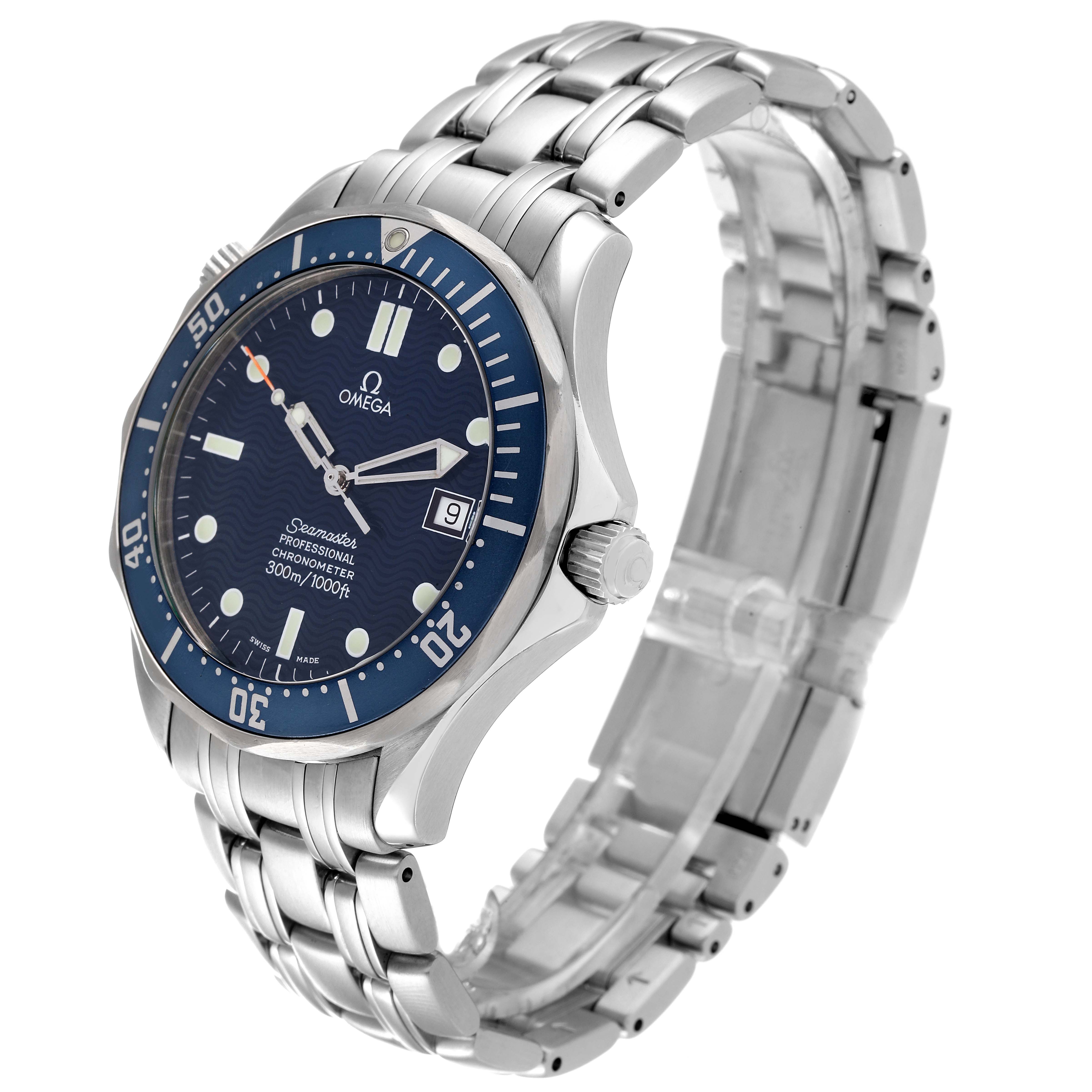 The Omega Seamaster 2531.80.00 Men's Stainless Steel Blue Dial 2531.80.00 Men's Stainless Steel Blue Dial watch is shown at an angle displaying the dial, bezel, crown, and stainless steel bracelet.