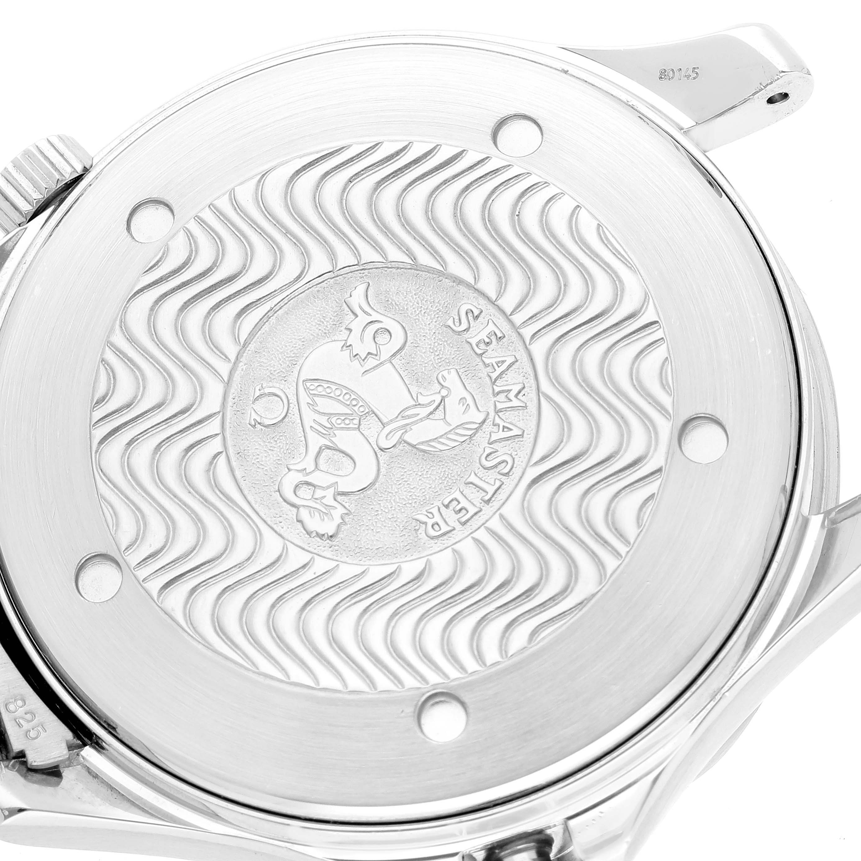 The image shows the case back of an Omega Seamaster 2531.80.00 Men's Stainless Steel Blue Dial 2531.80.00 Men's Stainless Steel Blue Dial watch with the Seamaster logo engraved.