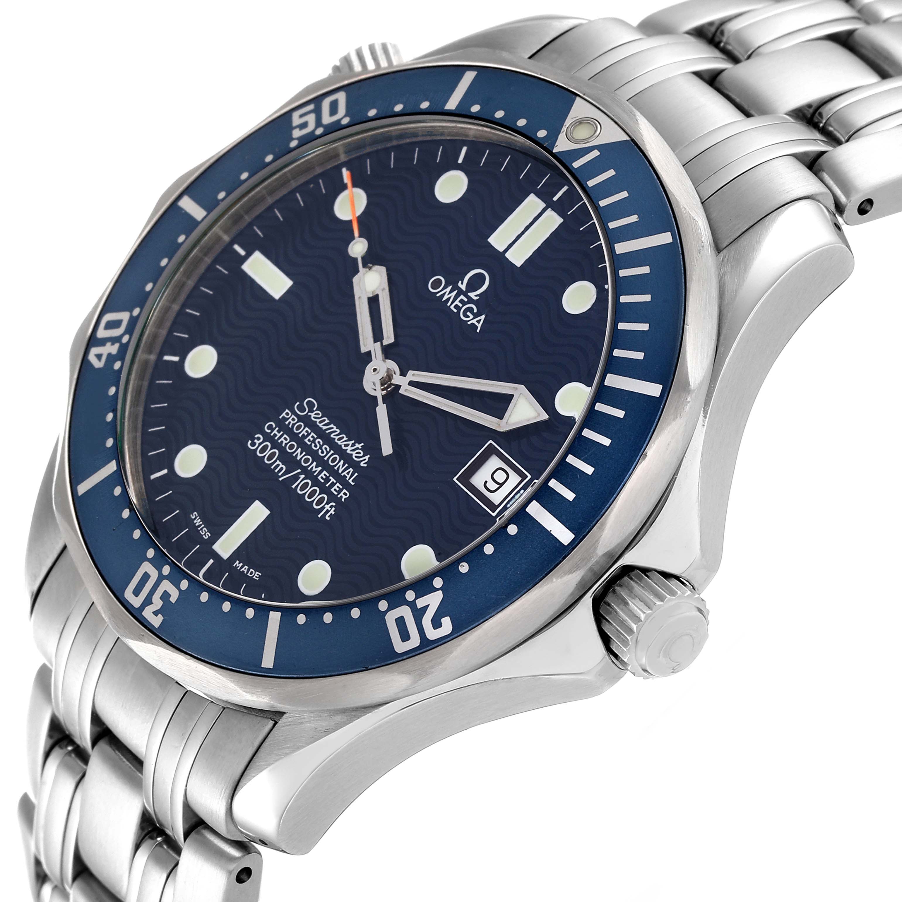 The image shows a three-quarter angle of the Omega Seamaster 2531.80.00 Men's Stainless Steel Blue Dial 2531.80.00 Men's Stainless Steel Blue Dial watch highlighting its blue dial, bezel, and stainless steel bracelet.