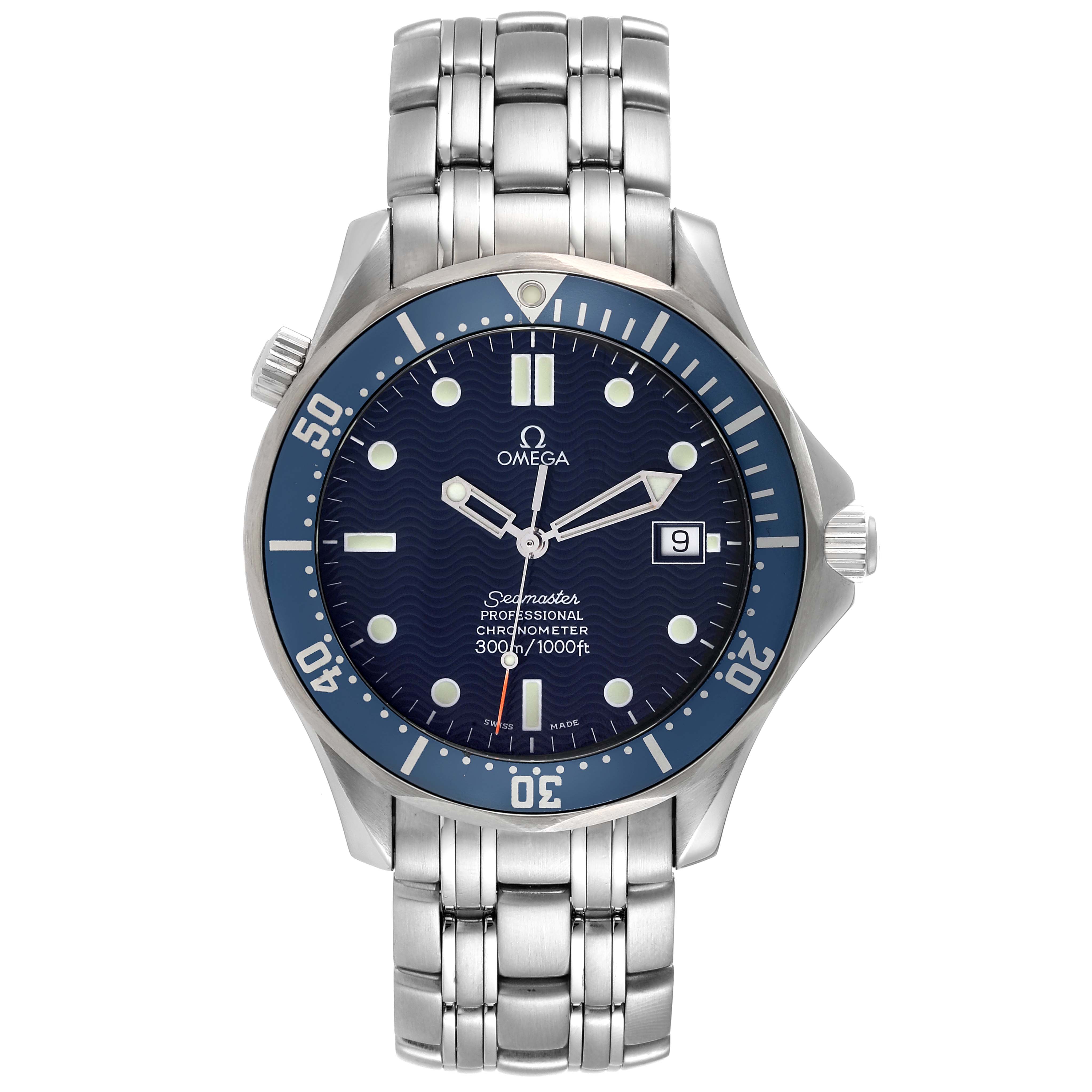 The image shows a front view of an Omega Seamaster 2531.80.00 Men's Stainless Steel Blue Dial 2531.80.00 Men's Stainless Steel Blue Dial watch, displaying its dial, bezel, and steel bracelet.