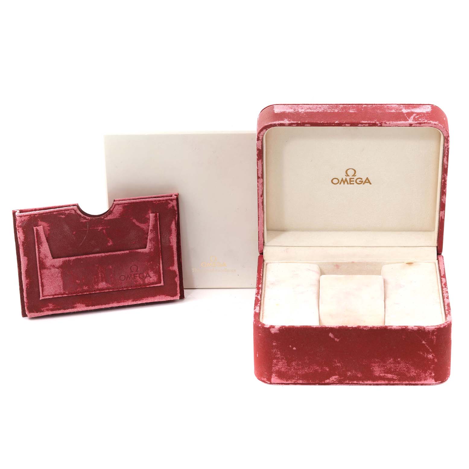 The image shows the accessories of the Omega Seamaster 2531.80.00 Men's Stainless Steel Blue Dial 2531.80.00 Men's Stainless Steel Blue Dial watch, including its red velvet case, an outer box, and a pouch.