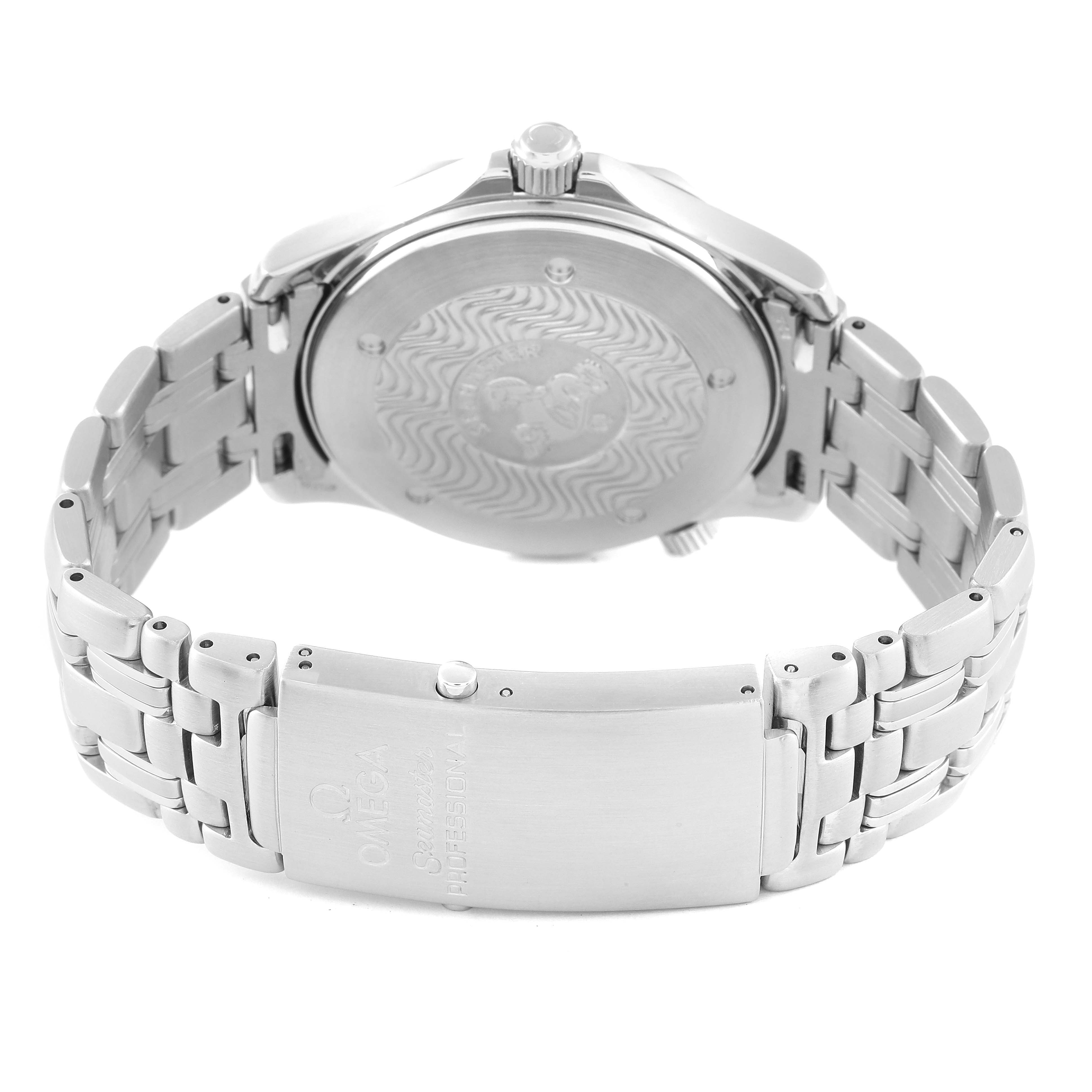 This image shows the back view of the Omega Seamaster 2531.80.00 Men's Stainless Steel Blue Dial 2531.80.00 Men's Stainless Steel Blue Dial watch, focusing on the case back and the bracelet clasp.