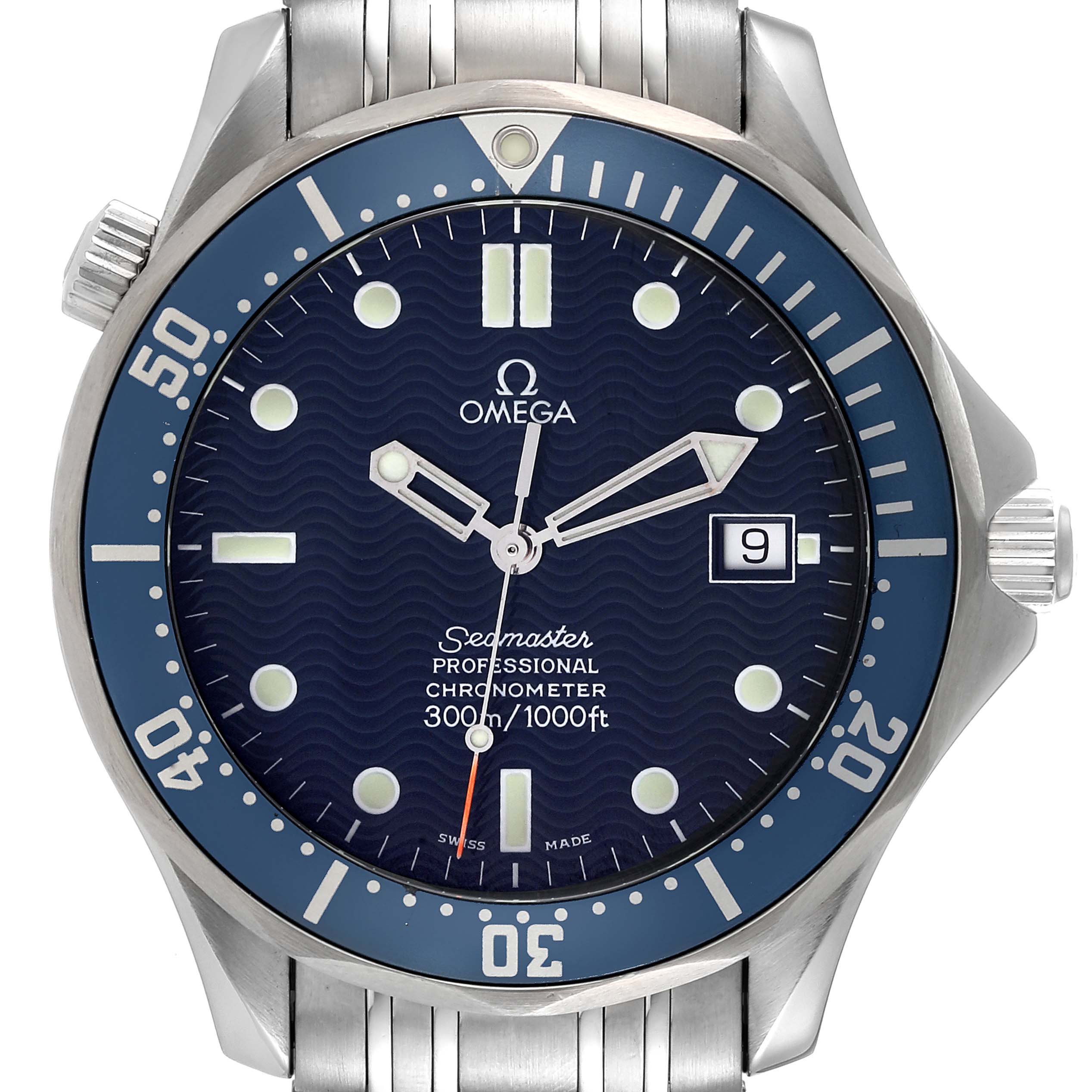 The Omega Seamaster 2531.80.00 Men's Stainless Steel Blue Dial 2531.80.00 Men's Stainless Steel Blue Dial watch is shown from a front angle, highlighting the face, bezel, and part of the metal bracelet.