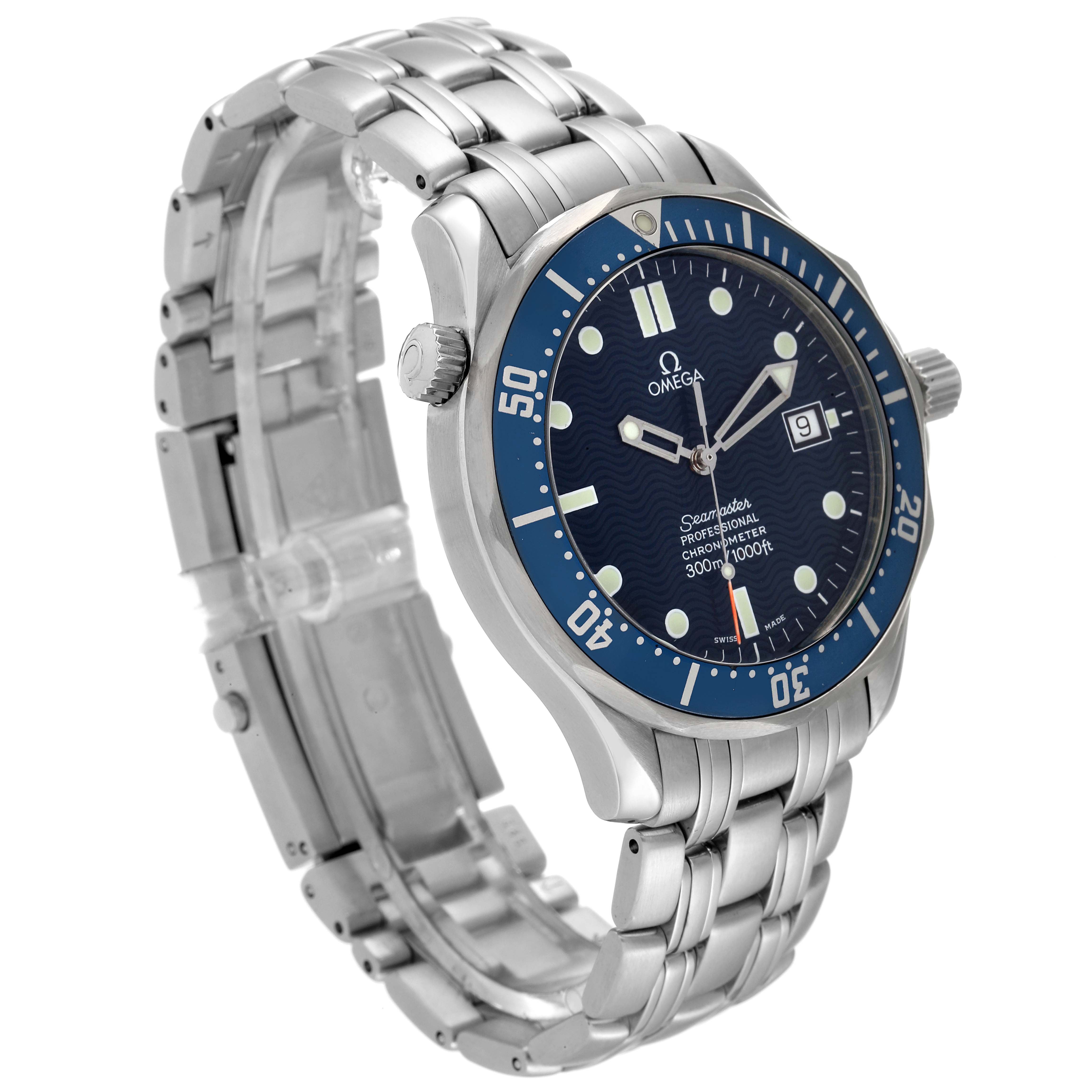 The image shows a side-angle view of an Omega Seamaster 2531.80.00 Men's Stainless Steel Blue Dial 2531.80.00 Men's Stainless Steel Blue Dial watch, highlighting its face, bezel, crown, and metal bracelet.