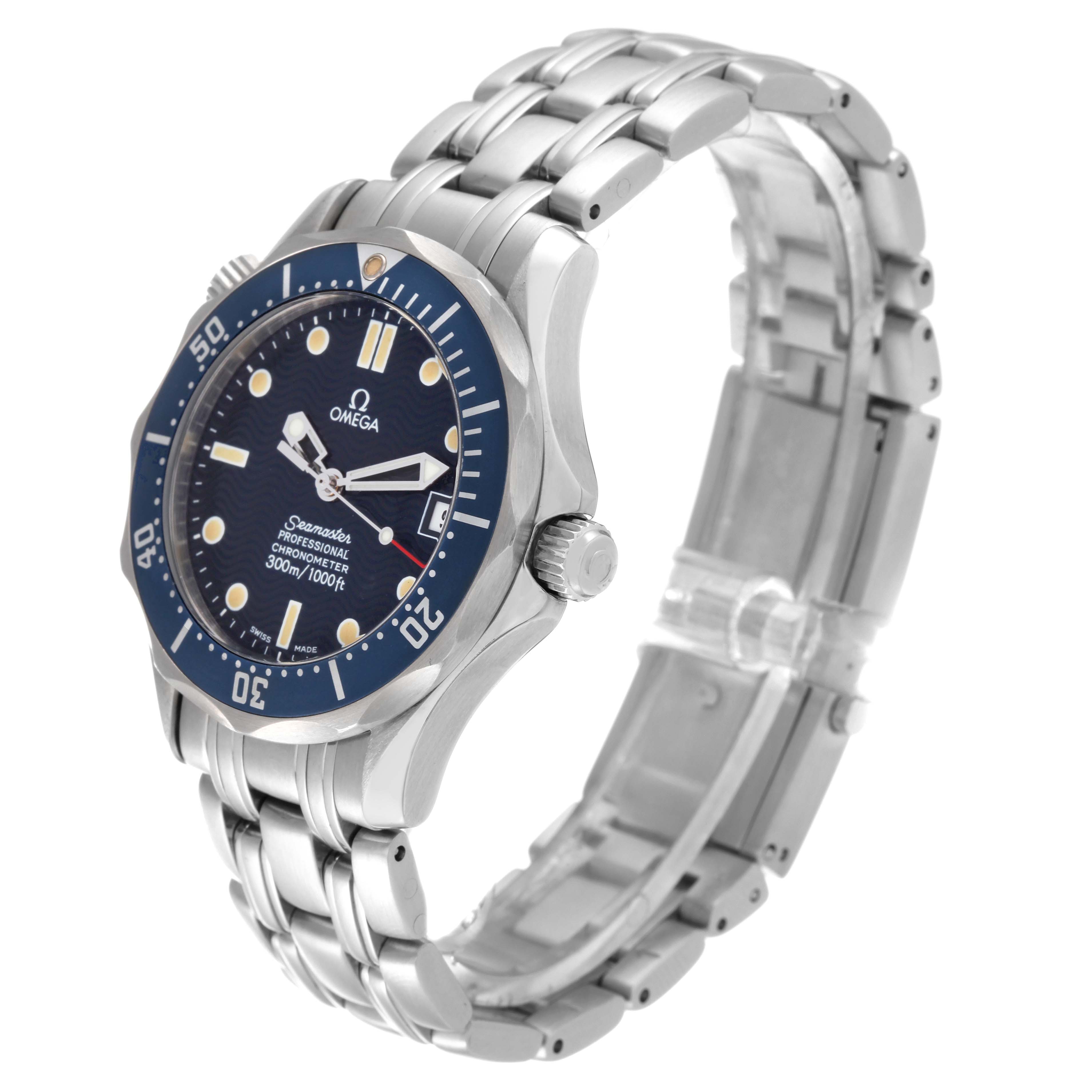 This Omega Seamaster 2551.80.00 Men's Stainless Steel Blue Dial 2551.80.00 Men's Stainless Steel Blue Dial watch is shown at a slight angle, displaying its face, bezel, crown, and metal bracelet.