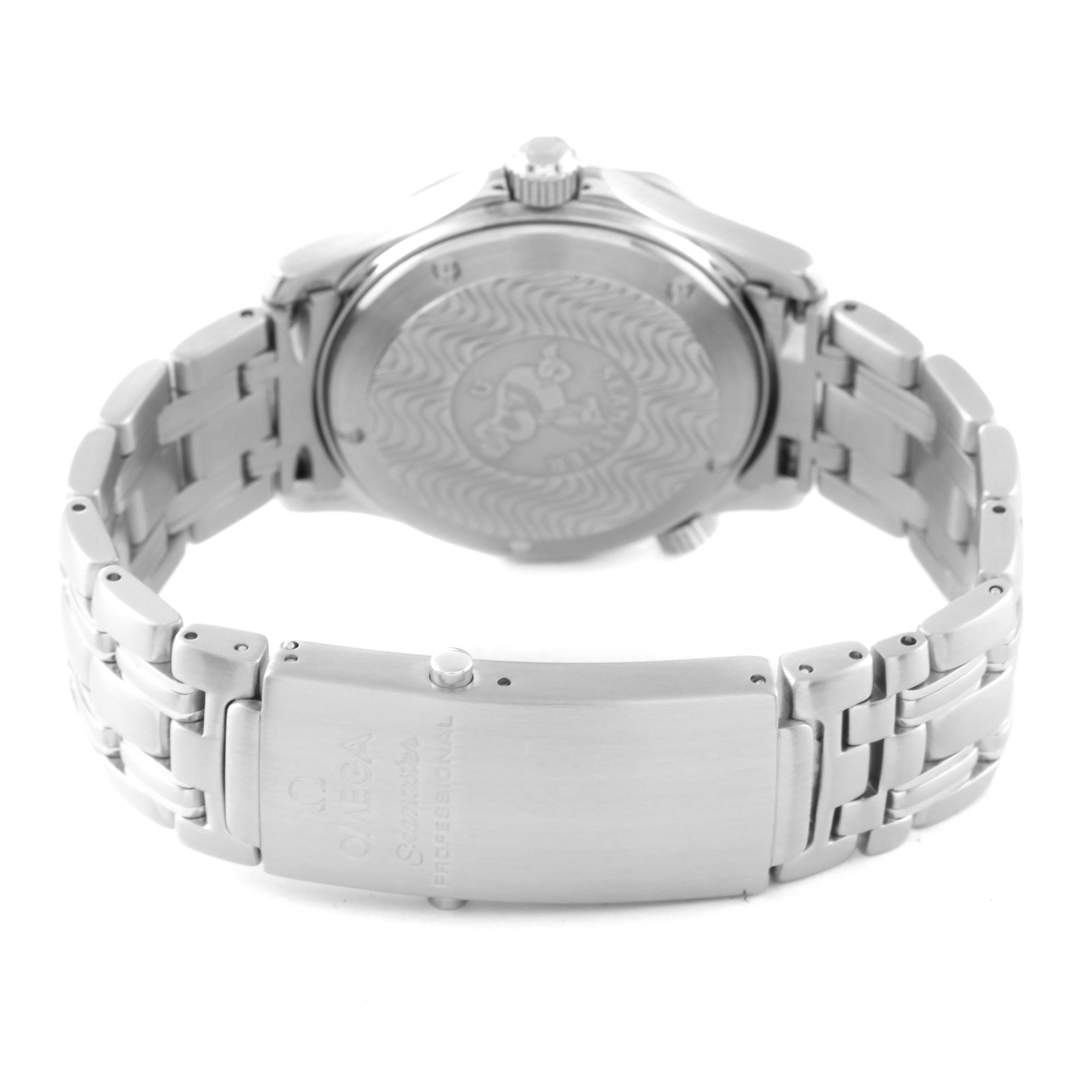 The image shows the back side of an Omega Seamaster 2551.80.00 Men's Stainless Steel Blue Dial 2551.80.00 Men's Stainless Steel Blue Dial watch, highlighting the clasp and bracelet links.