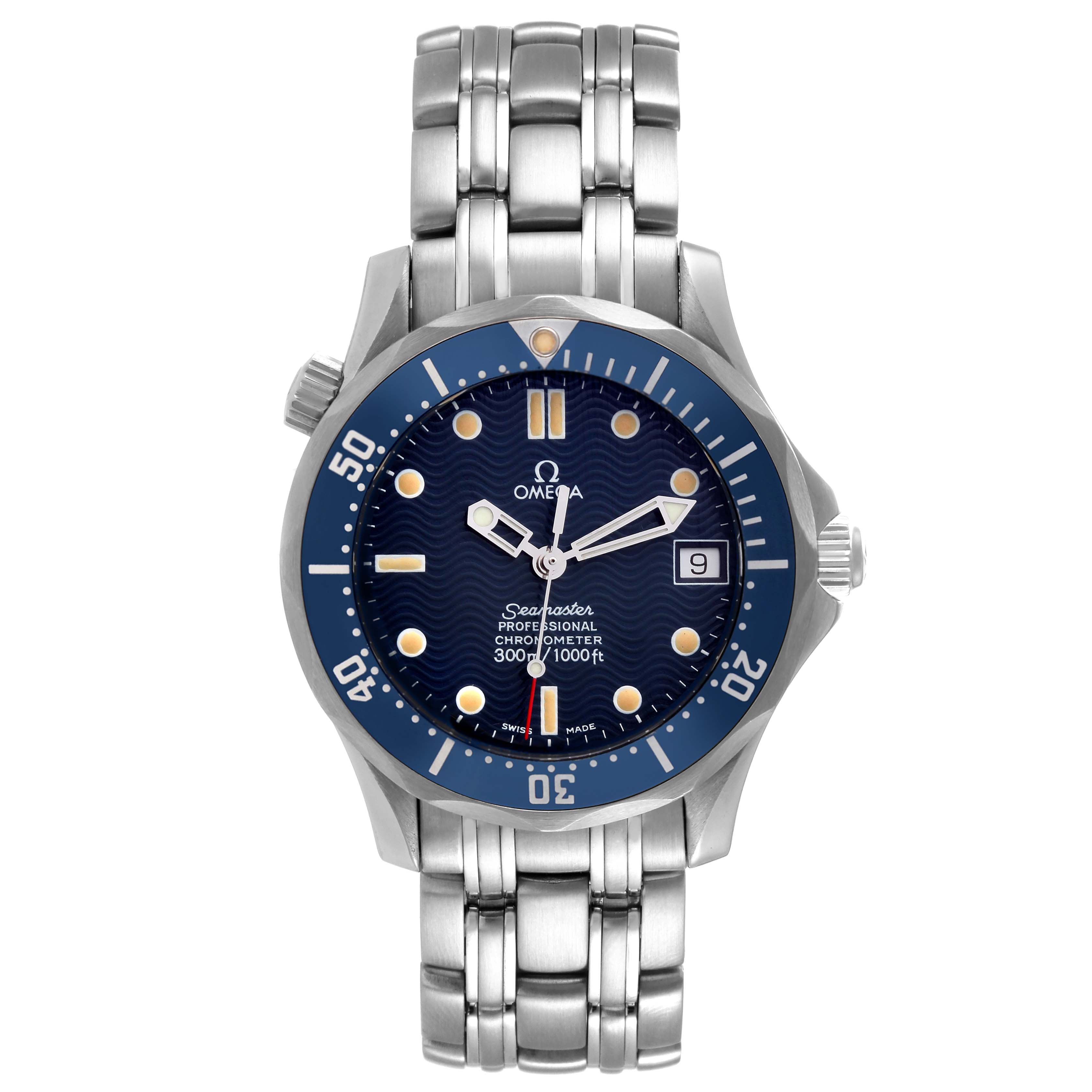The image shows a front view of the Omega Seamaster 2551.80.00 Men's Stainless Steel Blue Dial 2551.80.00 Men's Stainless Steel Blue Dial watch, highlighting its blue dial, metal bracelet, and date window.