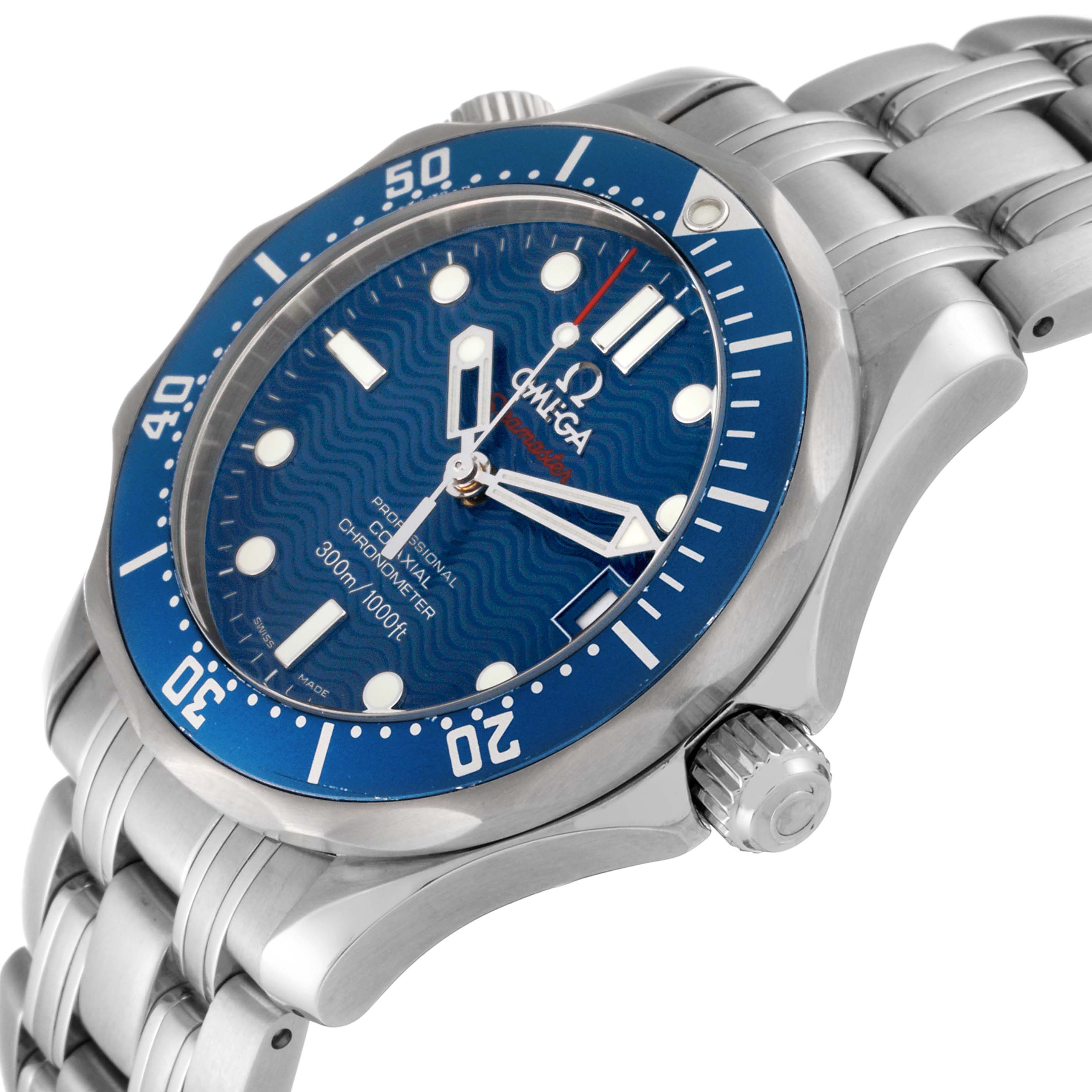 The image shows a close-up side angle of an Omega Seamaster 2222.80.00 Men
s Stainless Steel Blue Dial 2222.80.00 Men
s Stainless Steel Blue Dial watch, highlighting the face, bezel, crown, and part of the bracelet.