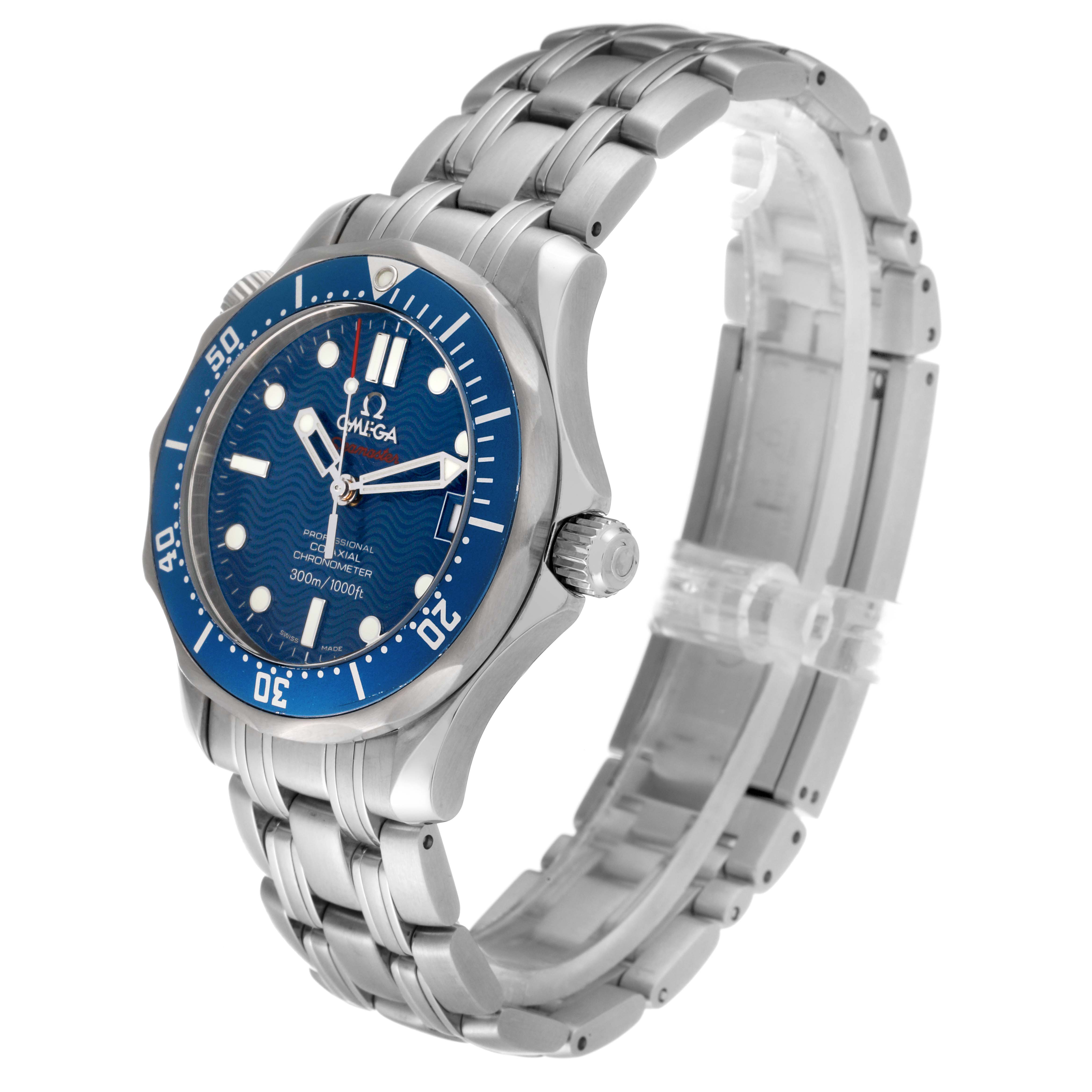 The image shows an angled view of an Omega Seamaster 2222.80.00 Men
s Stainless Steel Blue Dial 2222.80.00 Men
s Stainless Steel Blue Dial watch, highlighting its blue dial, bezel, and stainless steel bracelet.