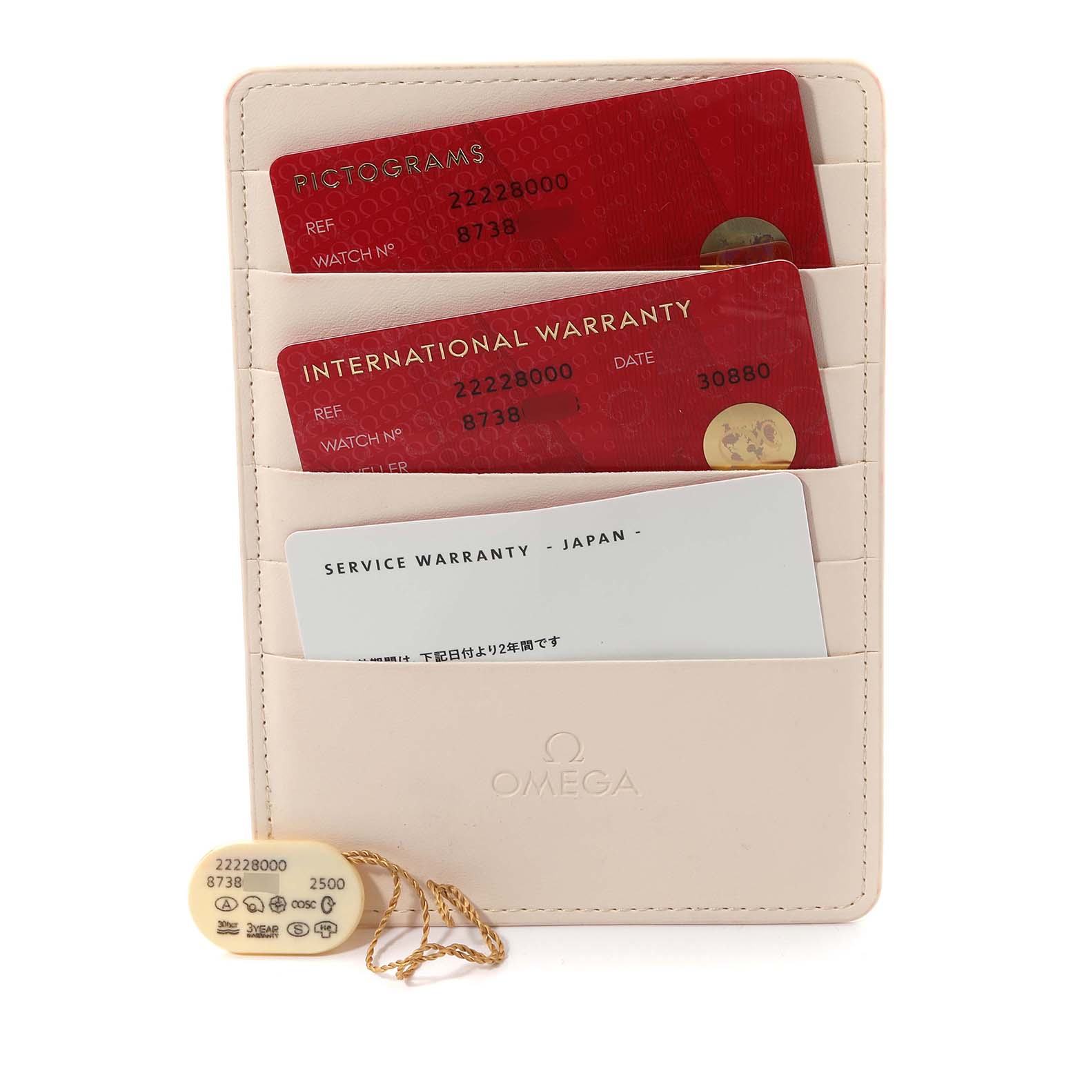 The image shows Omega Seamaster 2222.80.00 Men
s Stainless Steel Blue Dial 2222.80.00 Men
s Stainless Steel Blue Dial
s pictograms, international warranty, and service warranty cards in a holder, plus a tag.