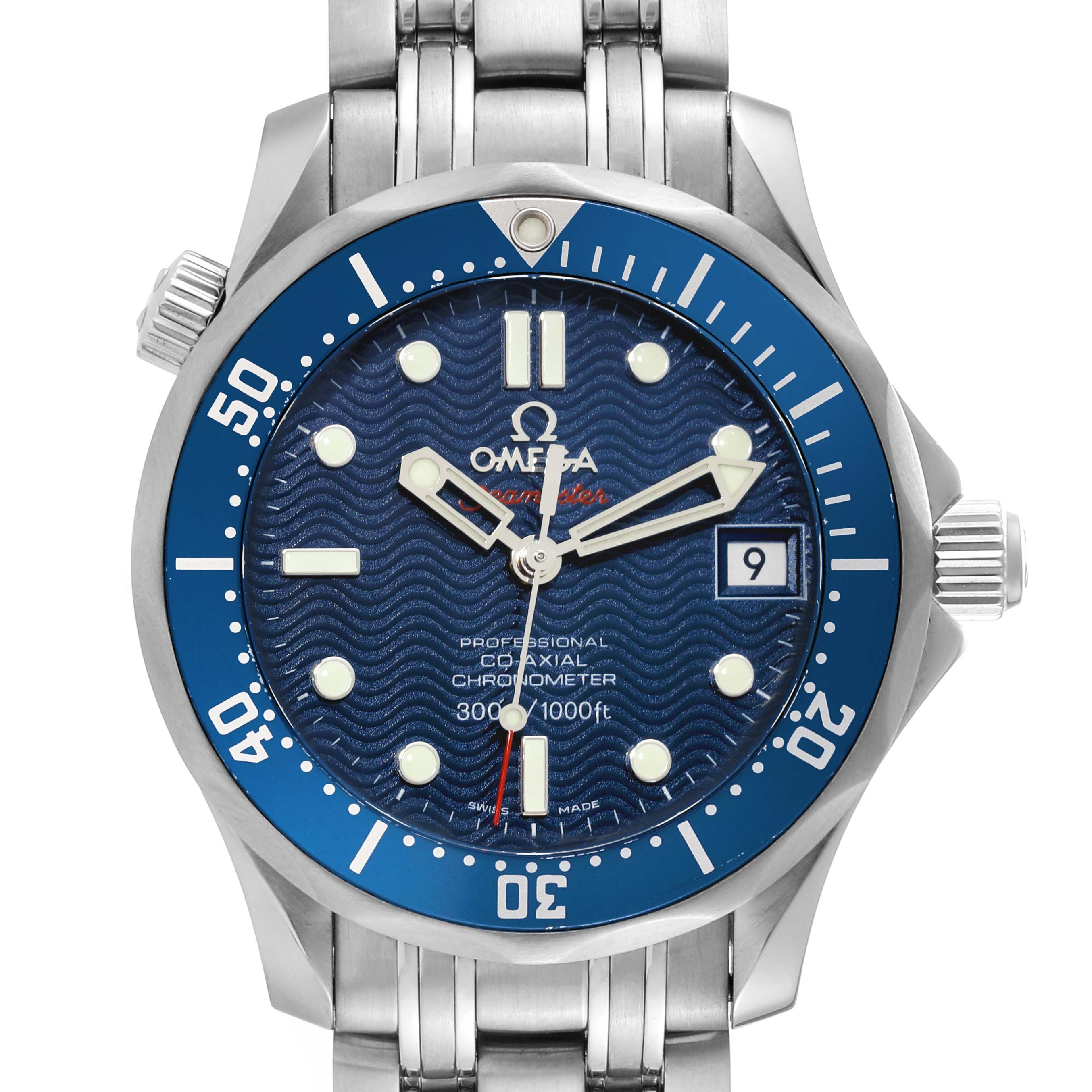 The image shows a front view of the Omega Seamaster 2222.80.00 Men
s Stainless Steel Blue Dial 2222.80.00 Men
s Stainless Steel Blue Dial watch, highlighting the blue dial, bezel, and stainless steel bracelet.
