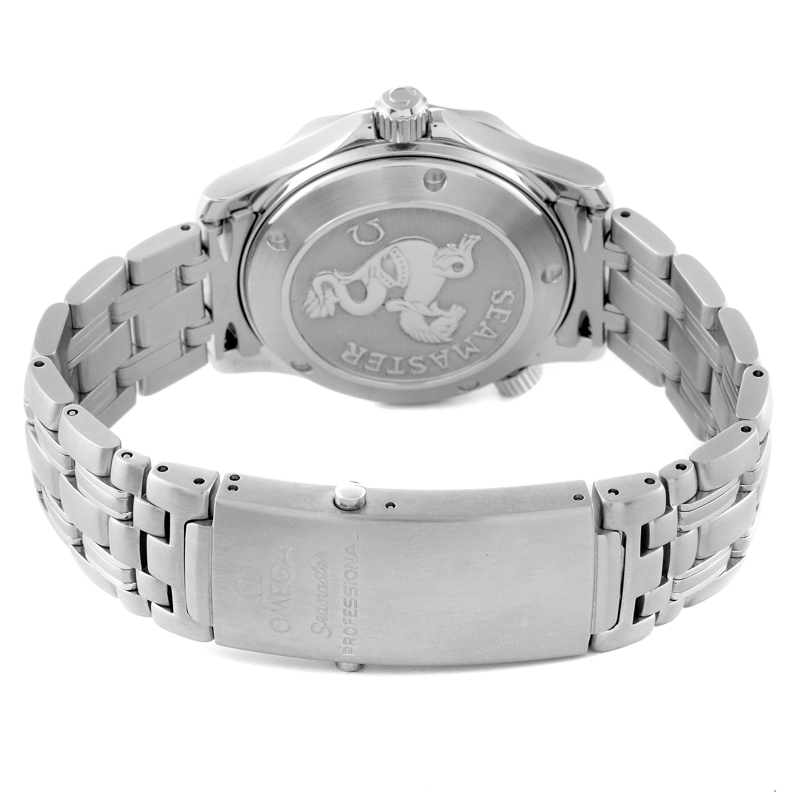 The image shows the back case and bracelet of an Omega Seamaster 2222.80.00 Men
s Stainless Steel Blue Dial 2222.80.00 Men
s Stainless Steel Blue Dial watch, highlighting the clasp and etched case back design.