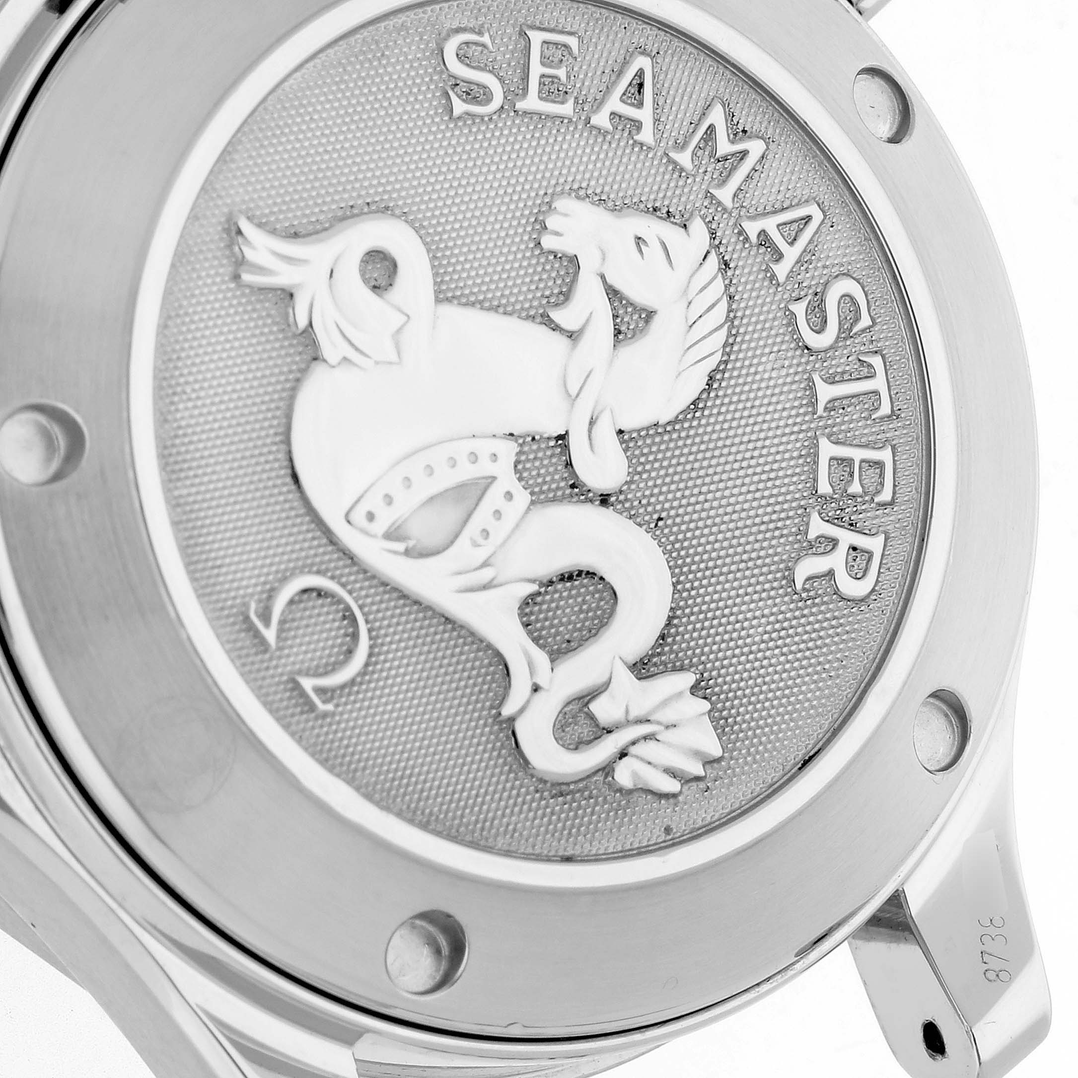 The image shows the case back of the Omega Seamaster 2222.80.00 Men
s Stainless Steel Blue Dial 2222.80.00 Men
s Stainless Steel Blue Dial watch, featuring the engraved emblem and model name "Seamaster."