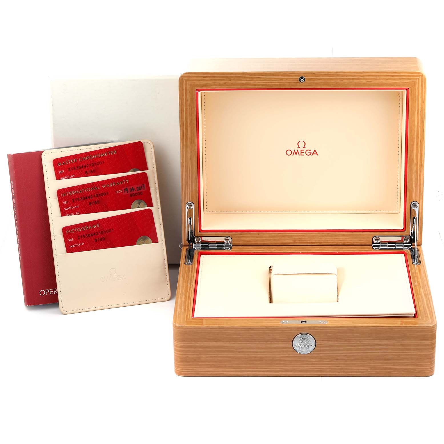 The image shows the packaging and warranty cards for the Omega Planet Ocean 215.30.44.21.01.001 Men's Stainless Steel Black Dial 215.30.44.21.01.001 Men's Stainless Steel Black Dial watch from a front angle.