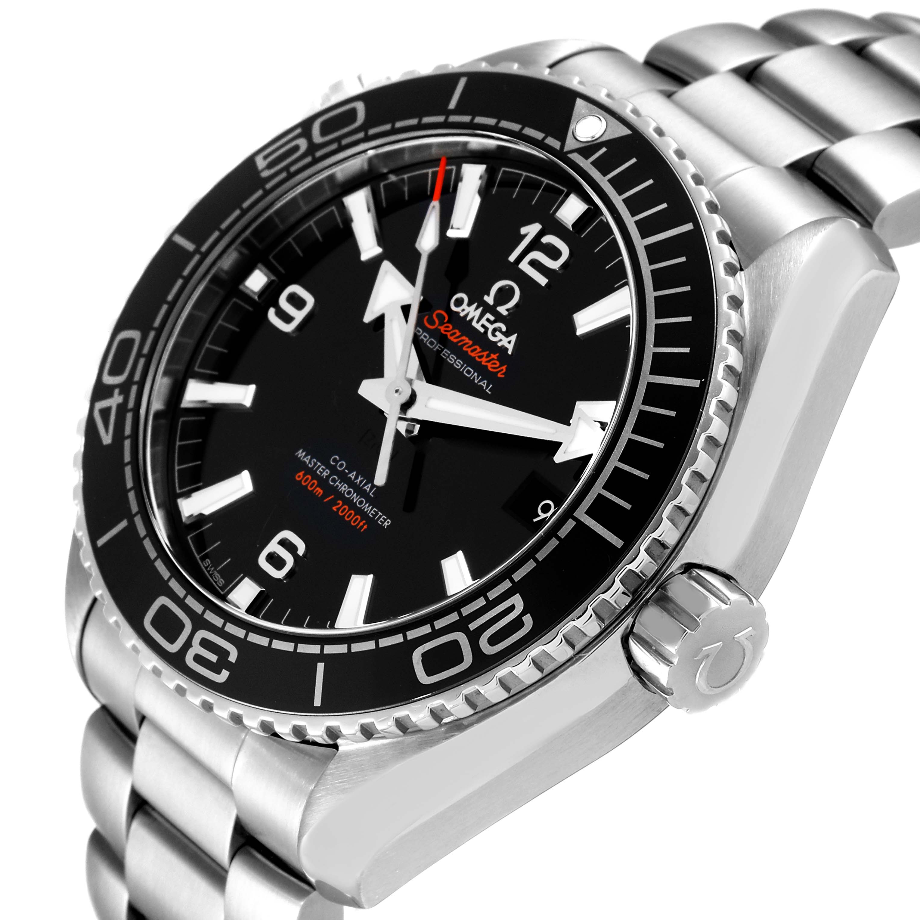 The image shows a close-up, angled view of the Omega Planet Ocean 215.30.44.21.01.001 Men's Stainless Steel Black Dial 215.30.44.21.01.001 Men's Stainless Steel Black Dial watch, highlighting the face, bezel, crown, and part of the bracelet.