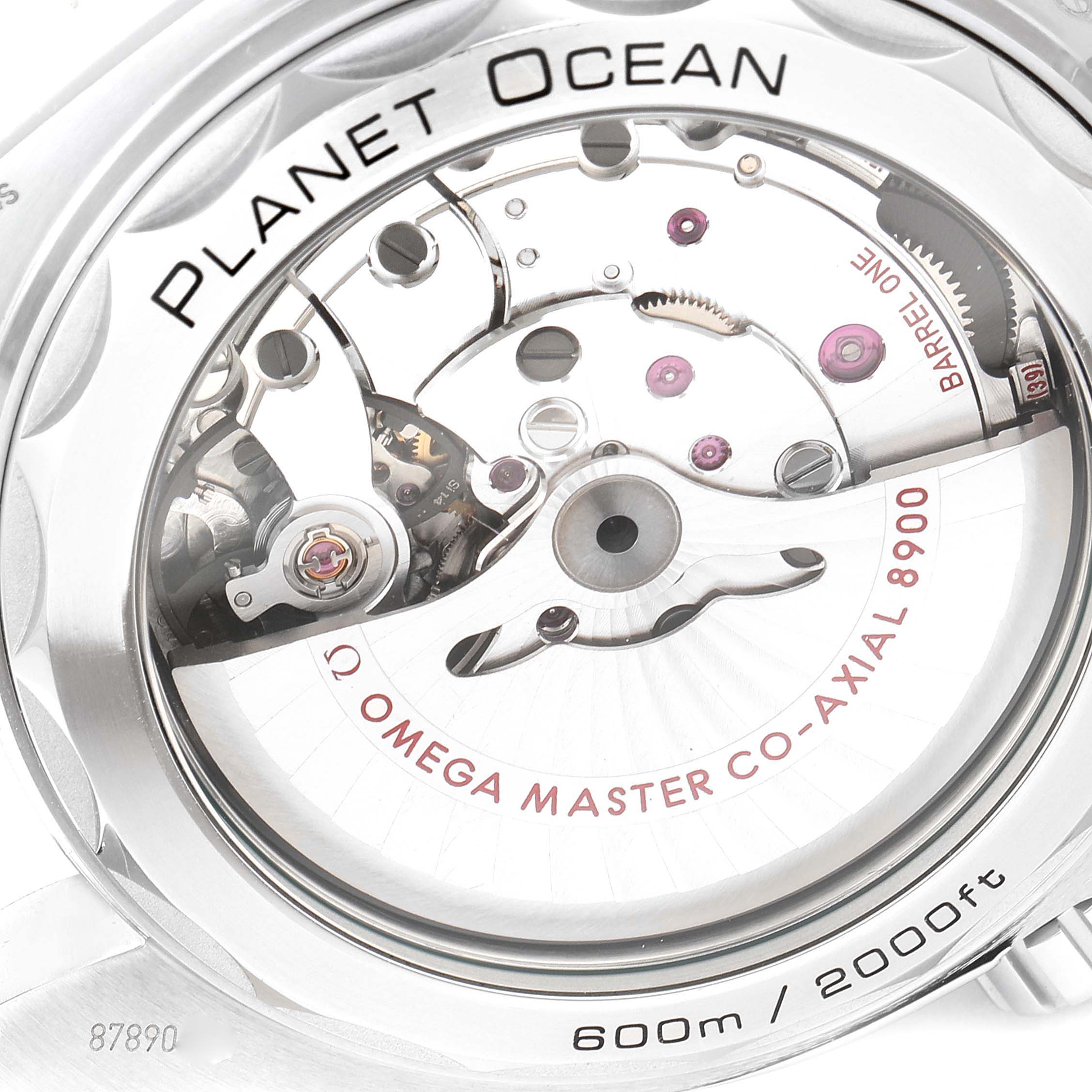 The image shows the back view of the Omega Planet Ocean 215.30.44.21.01.001 Men's Stainless Steel Black Dial 215.30.44.21.01.001 Men's Stainless Steel Black Dial watch, revealing its intricate mechanical movement.