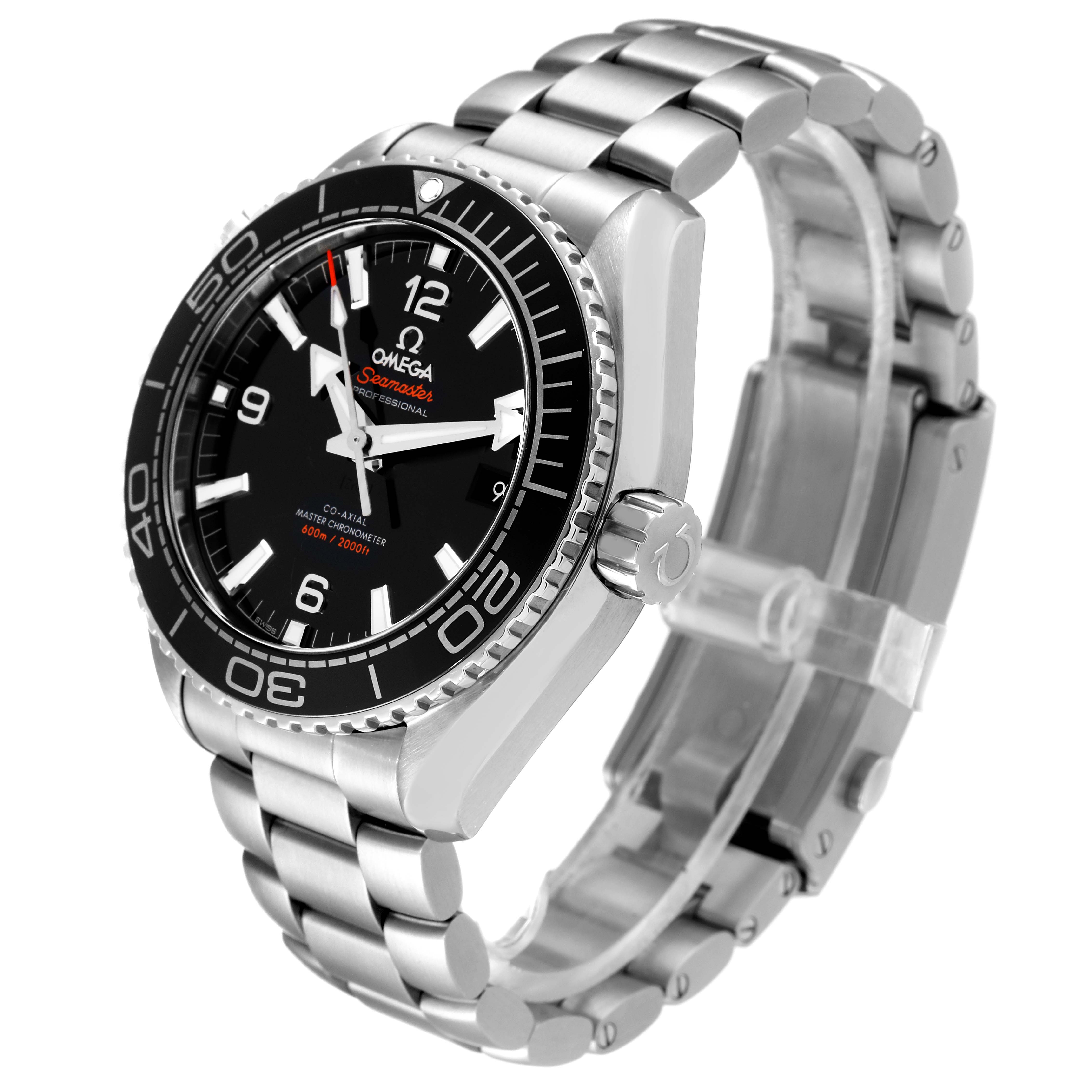 The image shows a side and angled view of the Omega Planet Ocean 215.30.44.21.01.001 Men's Stainless Steel Black Dial 215.30.44.21.01.001 Men's Stainless Steel Black Dial watch, highlighting its bezel, dial, crown, and metal bracelet.