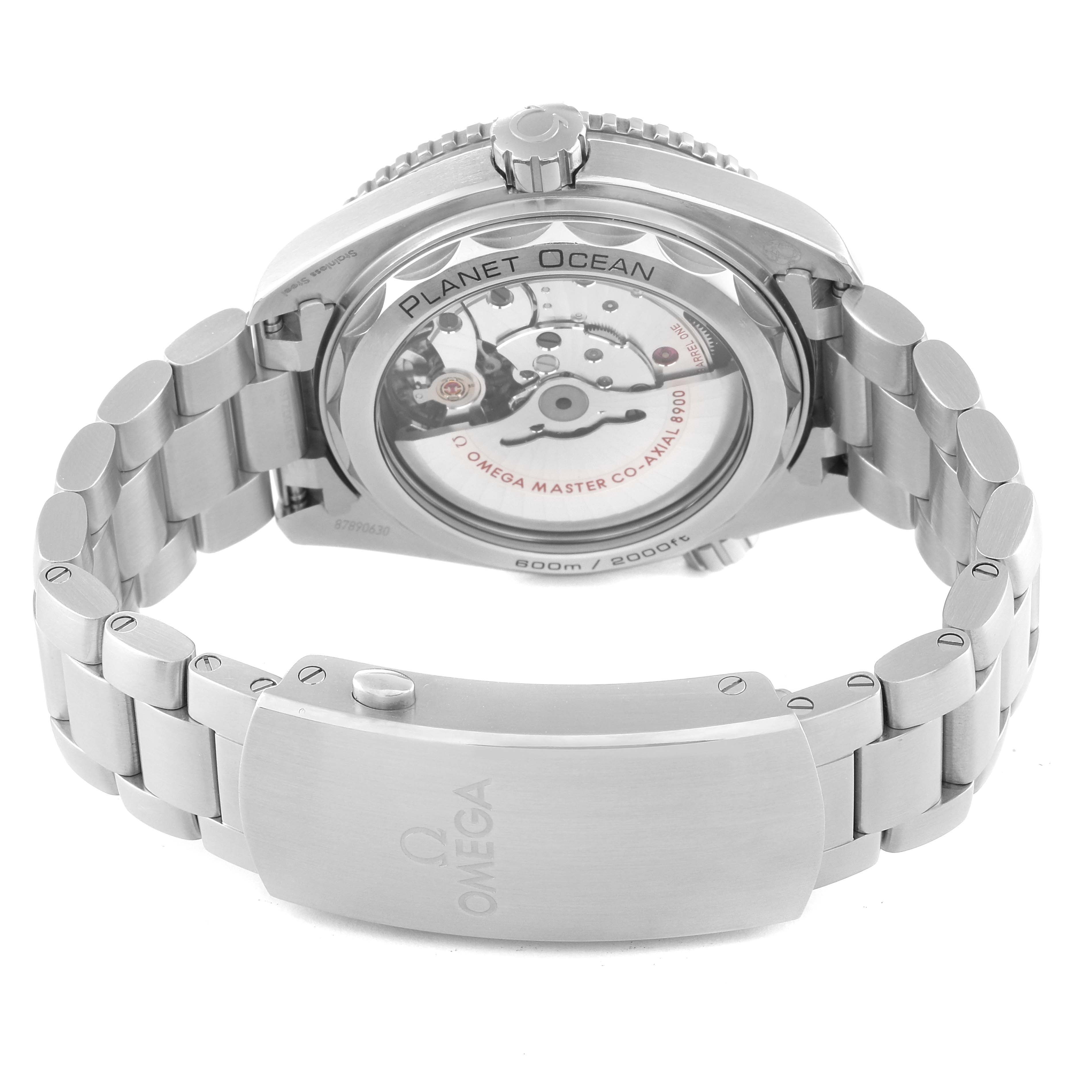 The image shows the back case and bracelet of the Omega Planet Ocean 215.30.44.21.01.001 Men's Stainless Steel Black Dial 215.30.44.21.01.001 Men's Stainless Steel Black Dial watch from a rear angle, including the visible mechanism.