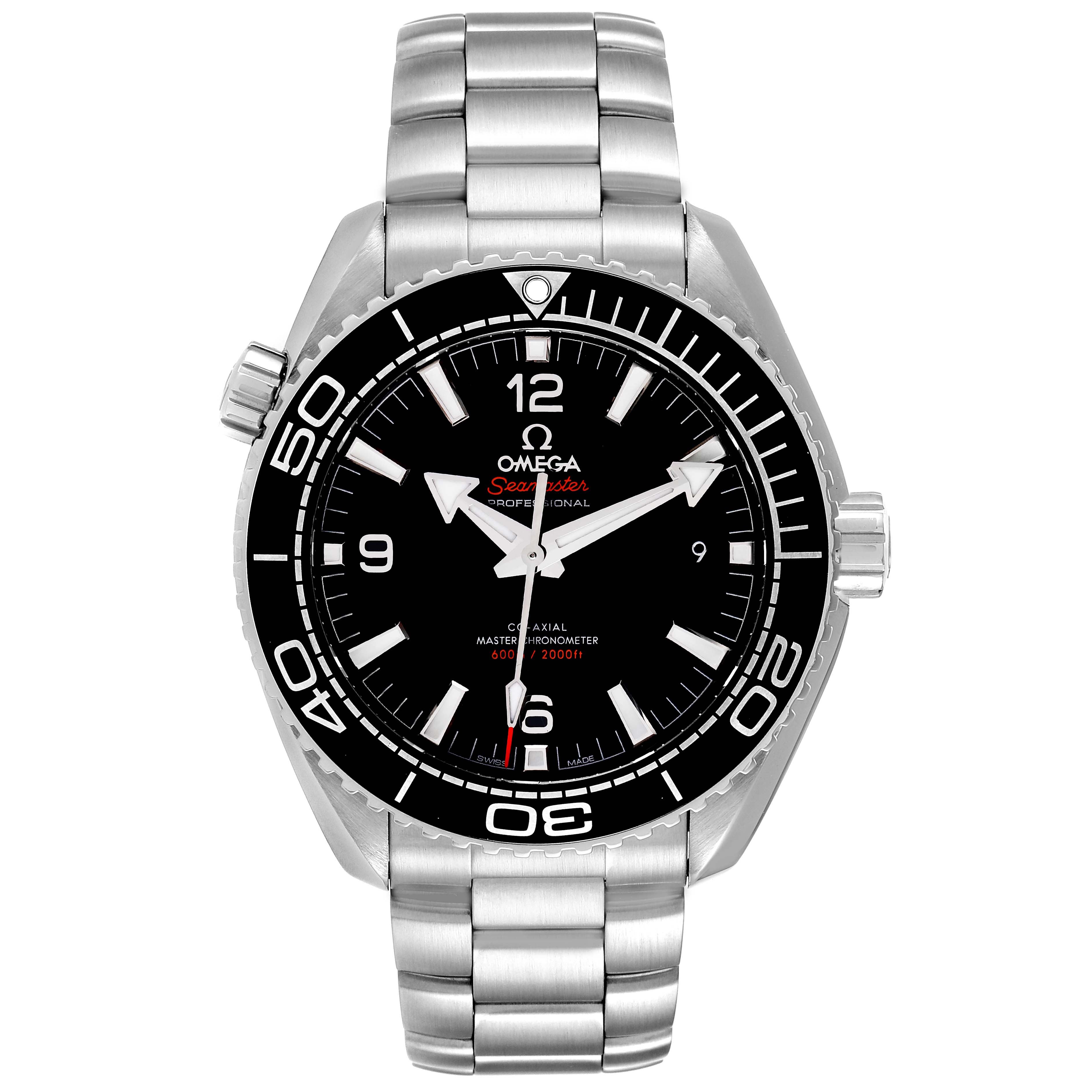 The image shows a full frontal view of the Omega Planet Ocean 215.30.44.21.01.001 Men's Stainless Steel Black Dial 215.30.44.21.01.001 Men's Stainless Steel Black Dial watch, highlighting its black dial, bezel, and stainless steel bracelet.