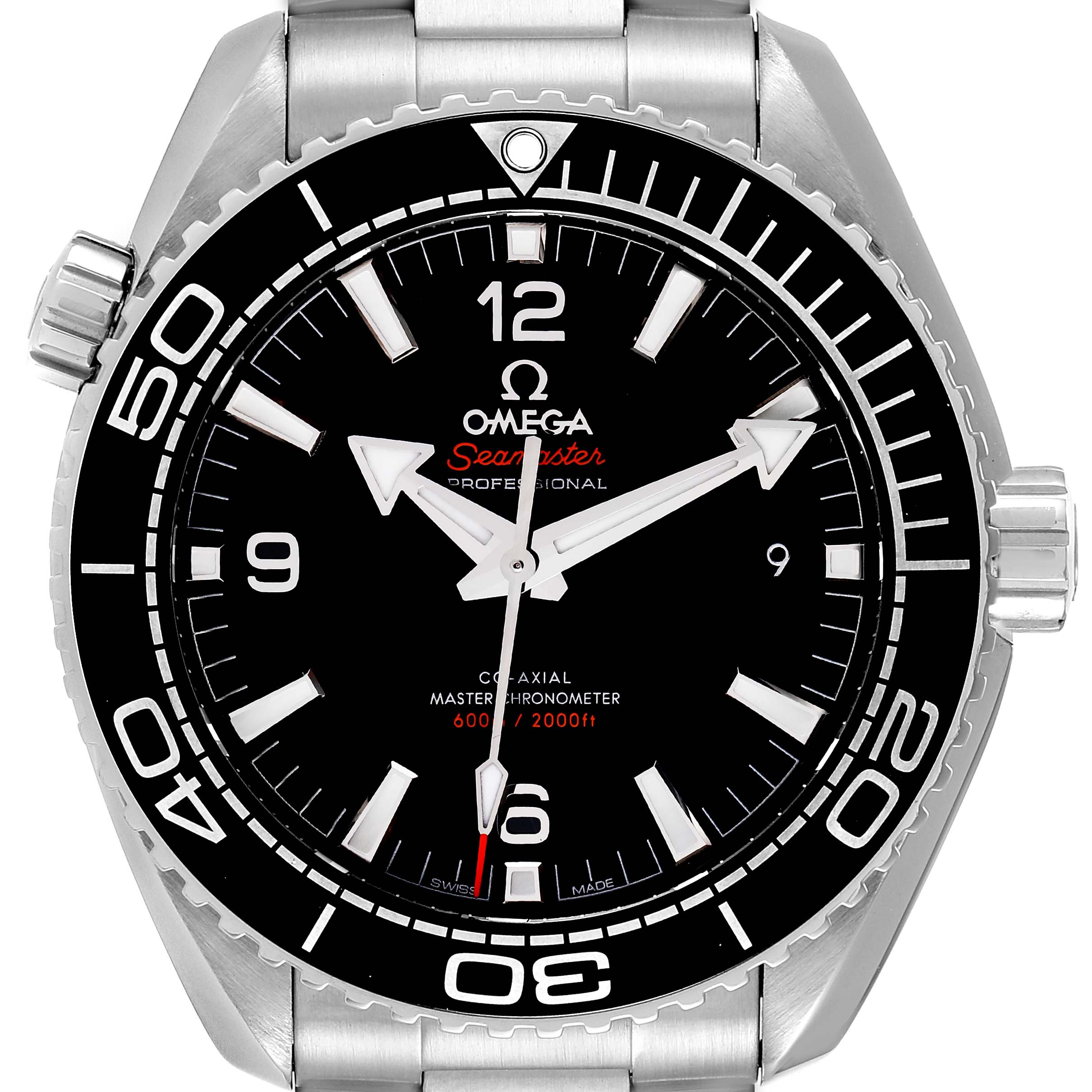 The image shows a frontal view of the Omega Planet Ocean 215.30.44.21.01.001 Men's Stainless Steel Black Dial 215.30.44.21.01.001 Men's Stainless Steel Black Dial watch, highlighting its face, bezel, and part of the bracelet.