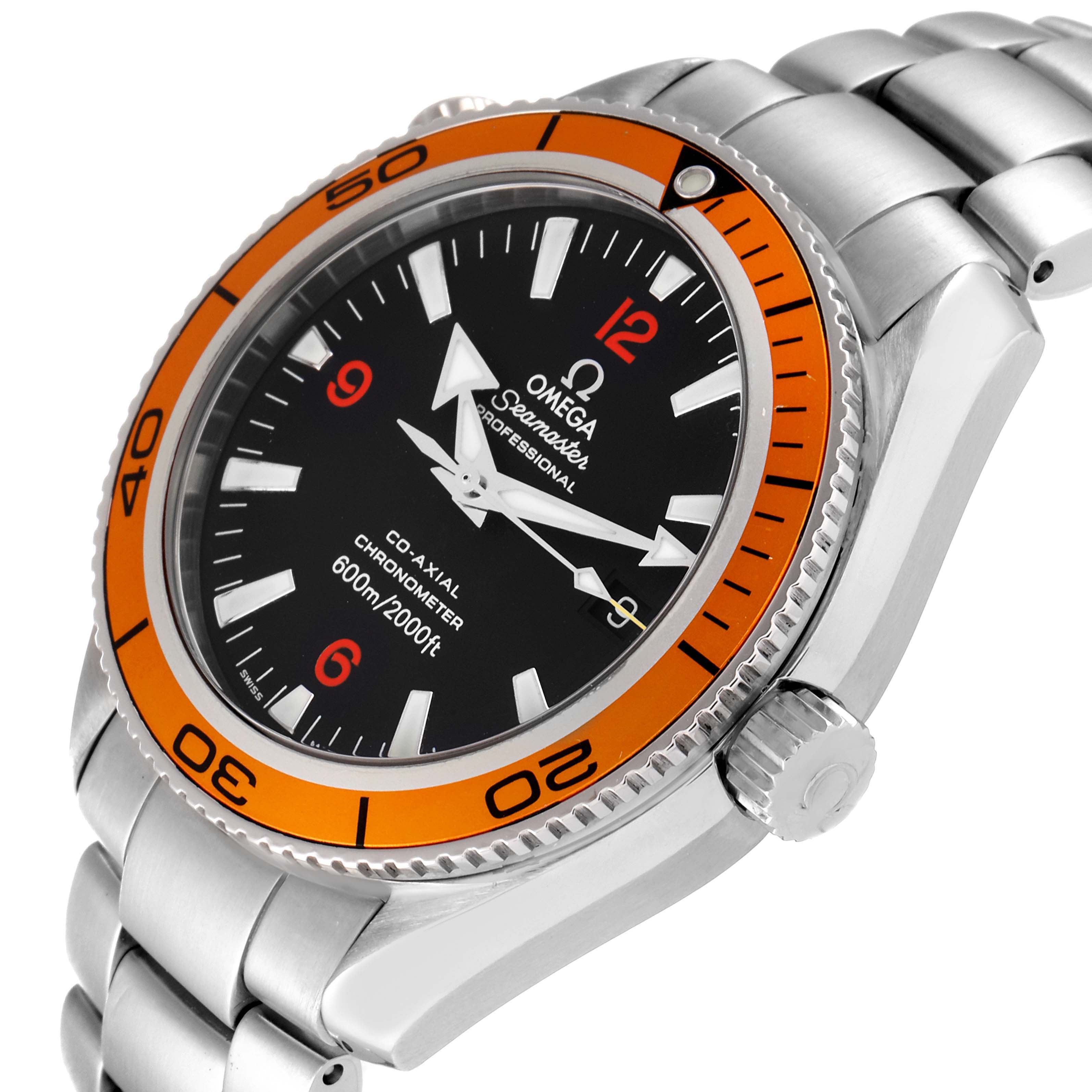 The image shows an angled top view of the Omega Planet Ocean 2208.50.00 Men
s Stainless Steel Black Dial 2208.50.00 Men
s Stainless Steel Black Dial watch, featuring the dial, bezel, and part of the bracelet.