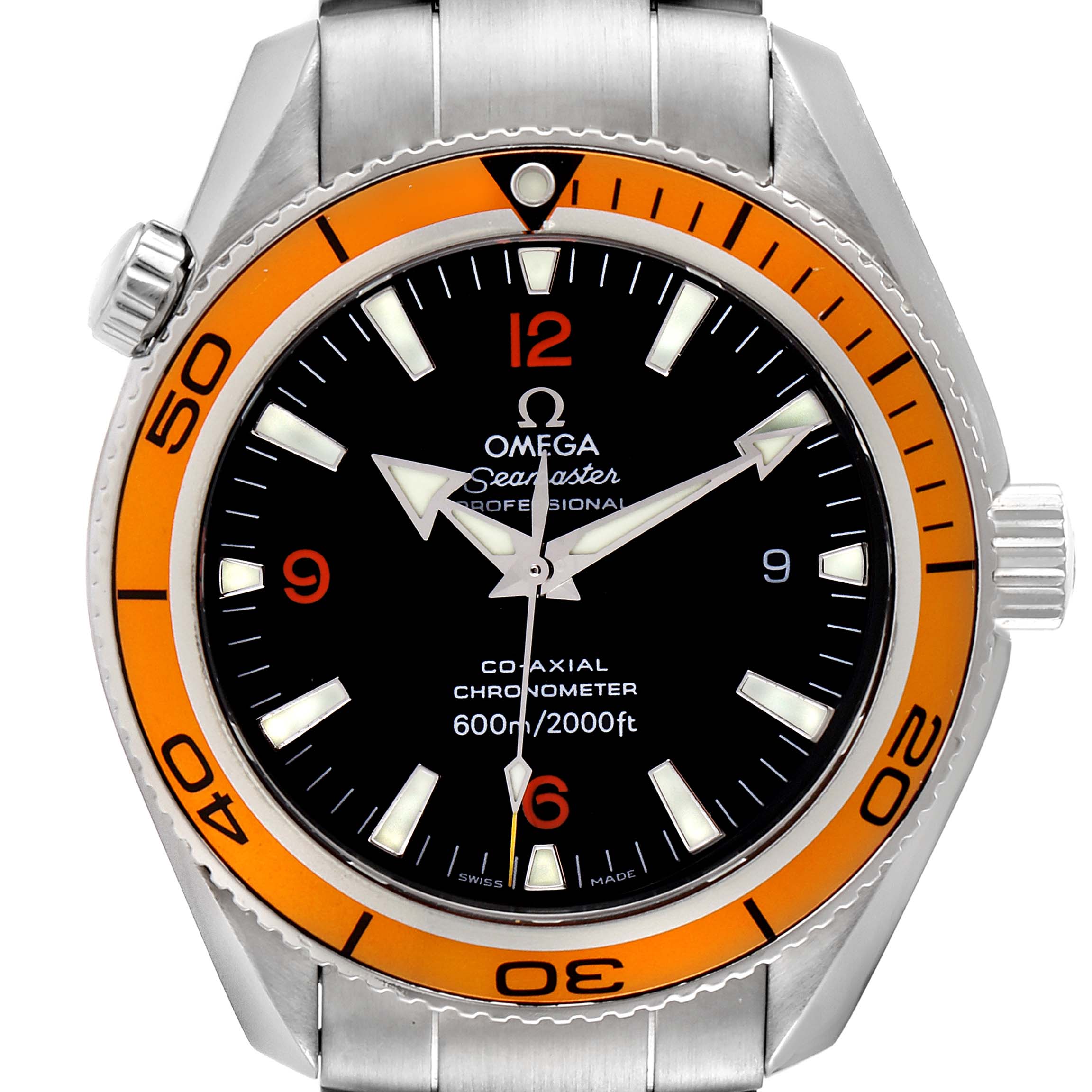 The image shows a front view of the Omega Planet Ocean 2208.50.00 Men
s Stainless Steel Black Dial 2208.50.00 Men
s Stainless Steel Black Dial watch, highlighting its dial, bezel, and crown.