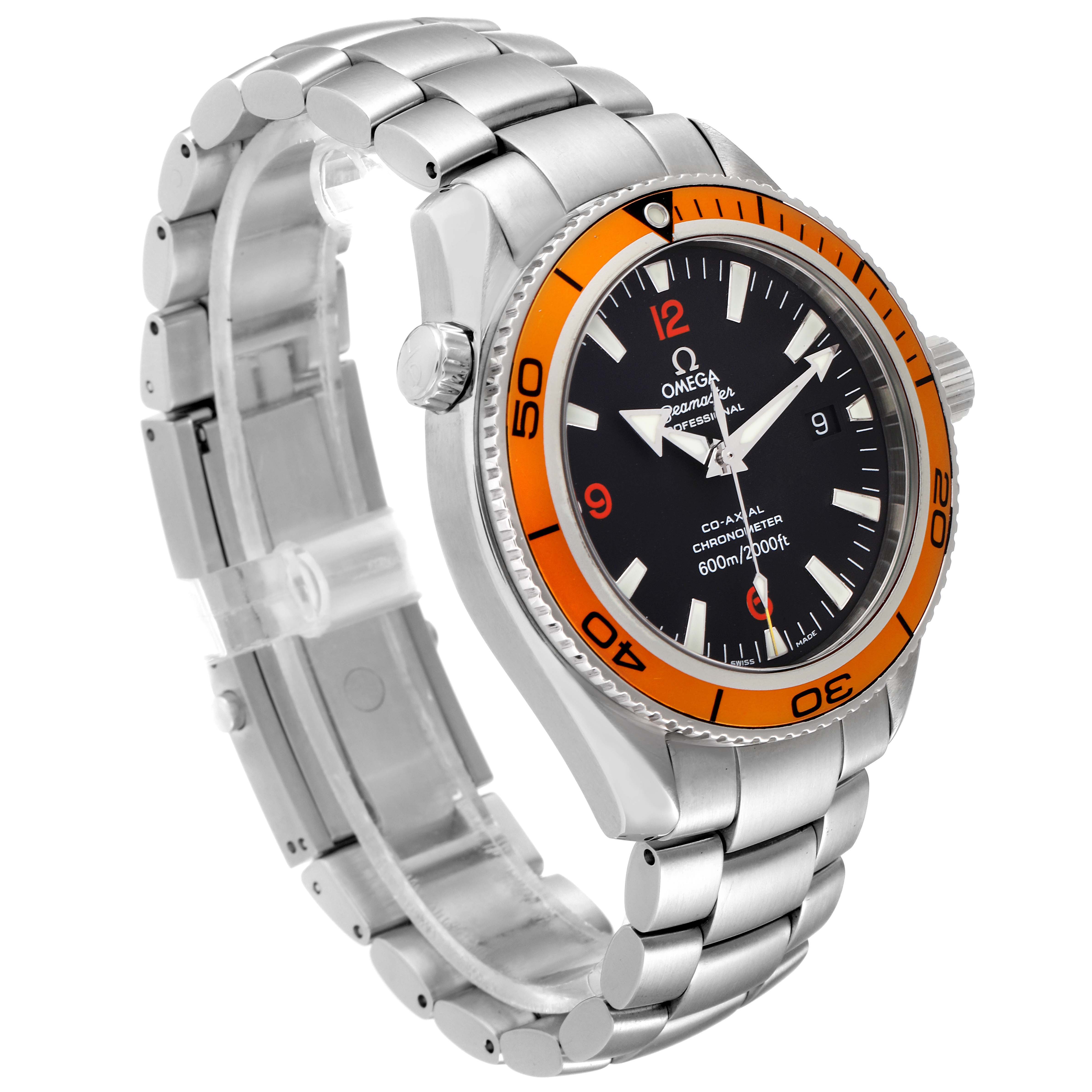 The image shows a side and front angle view of the Omega Planet Ocean 2208.50.00 Men
s Stainless Steel Black Dial 2208.50.00 Men
s Stainless Steel Black Dial watch, highlighting its orange bezel and stainless steel bracelet.