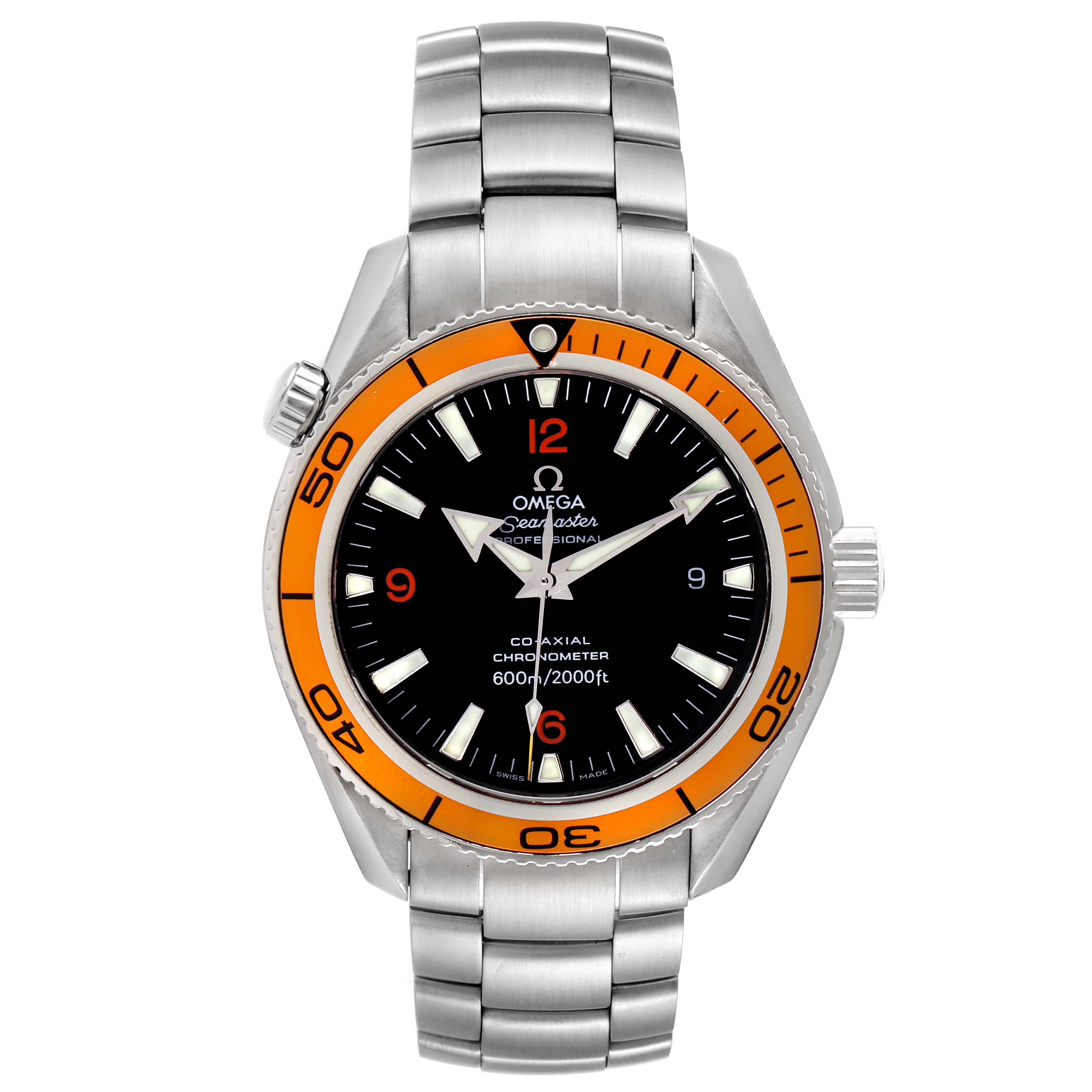 The image shows the front view of the Omega Planet Ocean 2208.50.00 Men
s Stainless Steel Black Dial 2208.50.00 Men
s Stainless Steel Black Dial model watch, displaying the entire face, bezel, and bracelet.