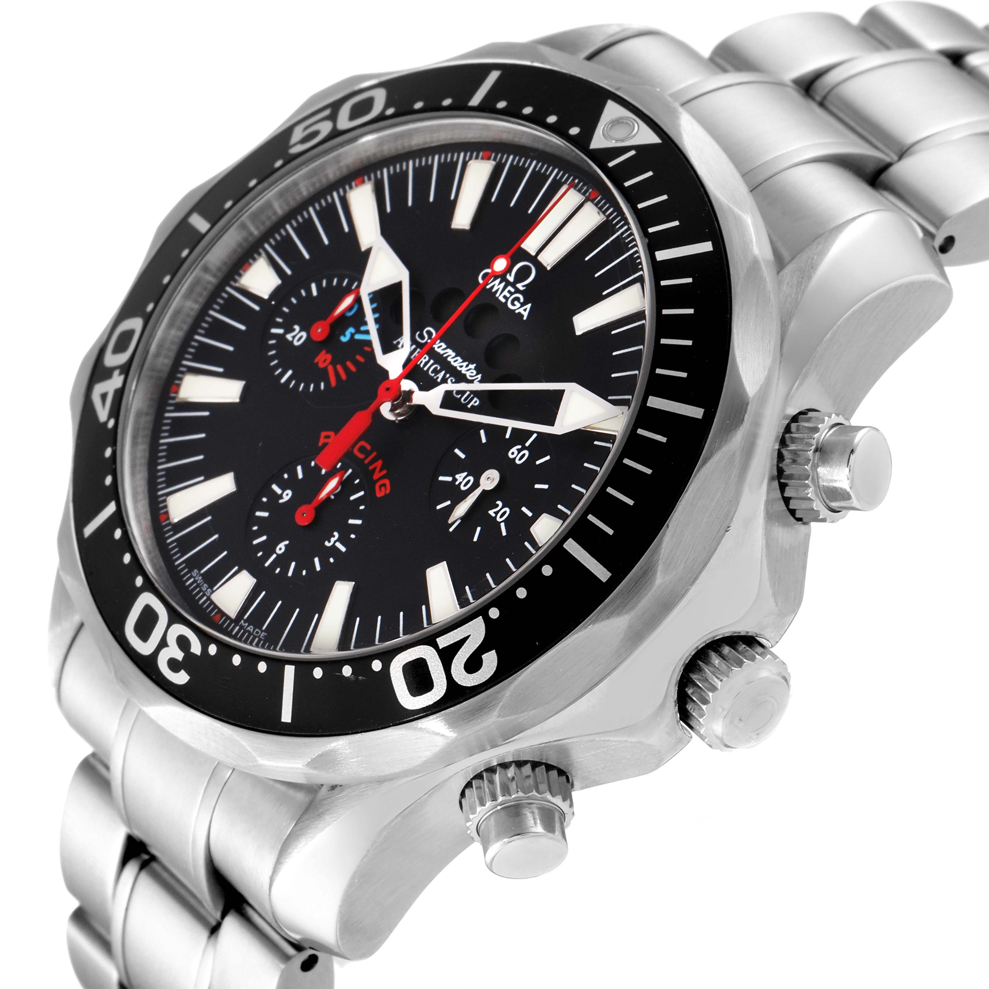 The Omega Seamaster 2569.50.00 Men's Stainless Steel Black Dial 2569.50.00 Men's Stainless Steel Black Dial watch is shown from a tilted angle highlighting its dial, bezel, crown, and chronograph pushers.