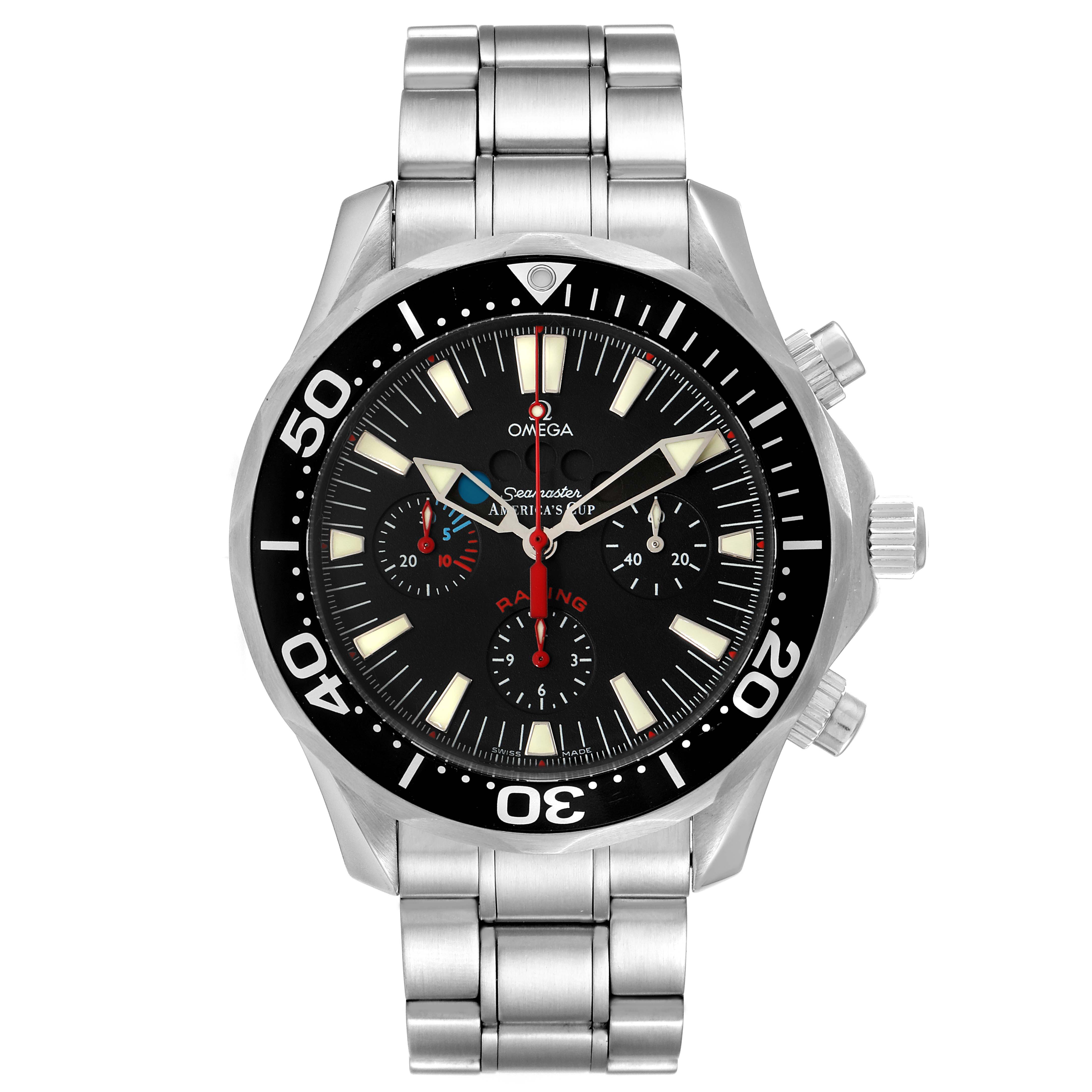 The image shows a front view of the Omega Seamaster 2569.50.00 Men's Stainless Steel Black Dial 2569.50.00 Men's Stainless Steel Black Dial watch, detailing its dial, bezel, and stainless steel bracelet.