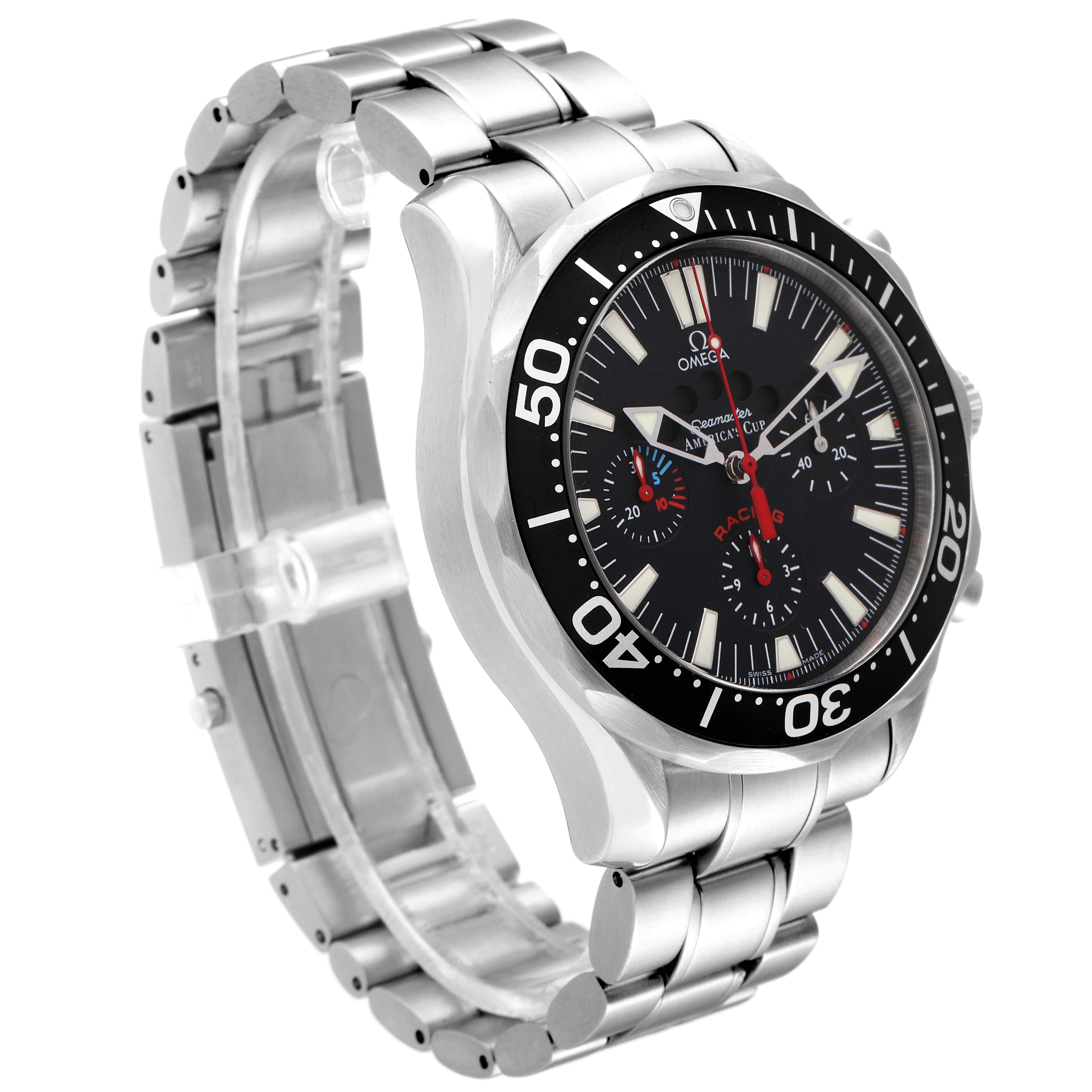 This Omega Seamaster 2569.50.00 Men's Stainless Steel Black Dial 2569.50.00 Men's Stainless Steel Black Dial model is shown from a three-quarter angle highlighting the metal bracelet, bezel, and dial with subdials.