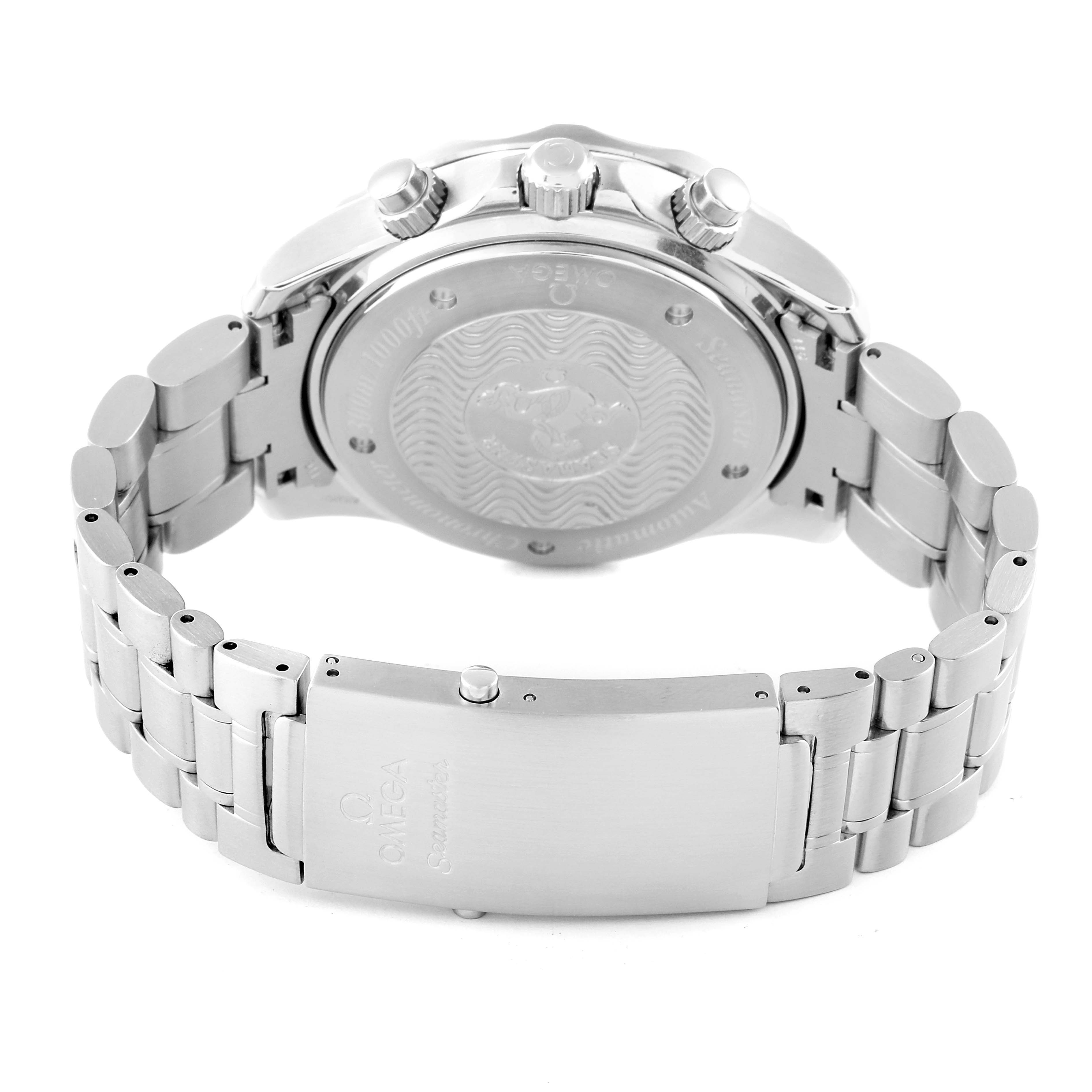 The image shows the back case, bracelet, and clasp of an Omega Seamaster 2569.50.00 Men's Stainless Steel Black Dial 2569.50.00 Men's Stainless Steel Black Dial watch, viewed from the rear angle.