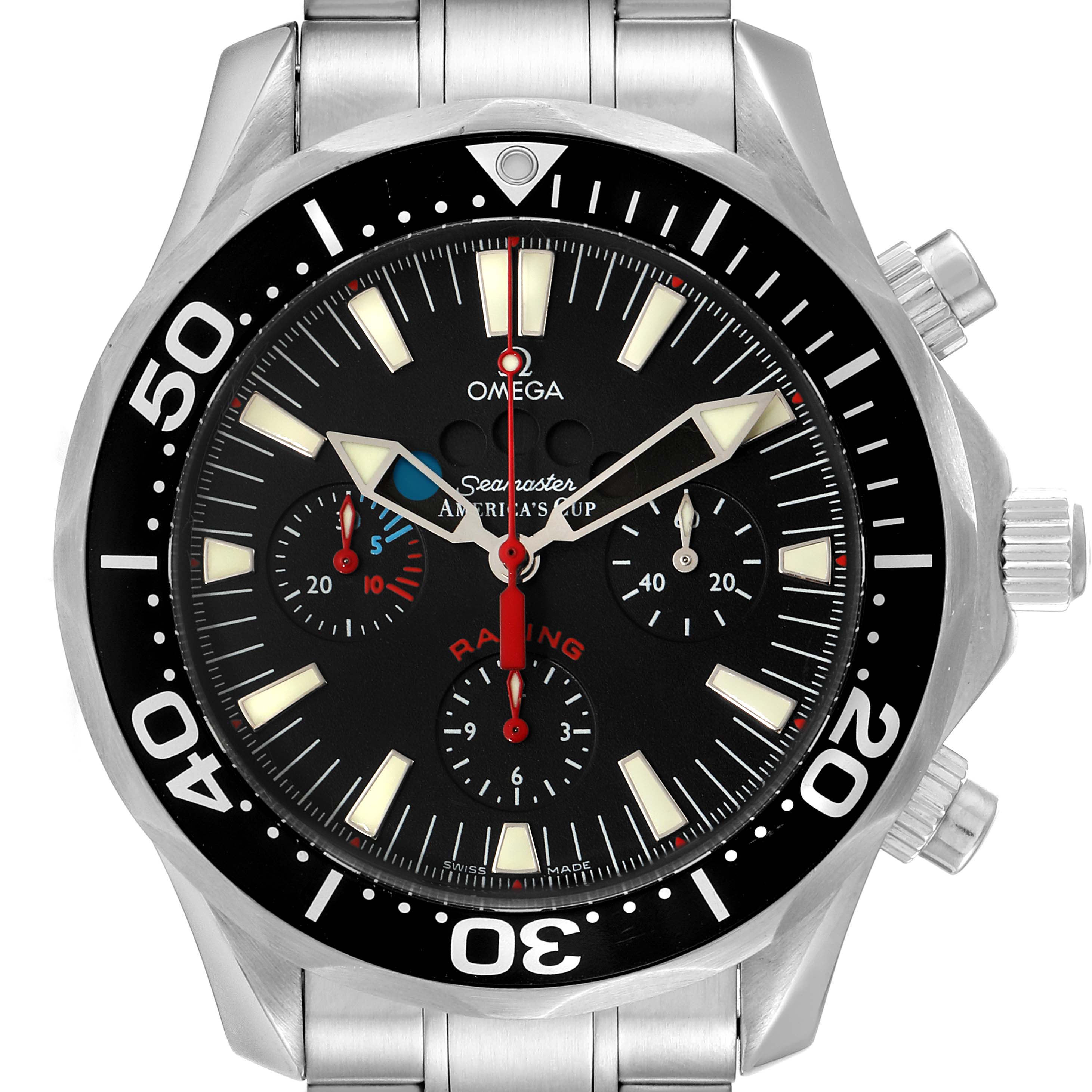 This image shows a front view of the Omega Seamaster 2569.50.00 Men's Stainless Steel Black Dial 2569.50.00 Men's Stainless Steel Black Dial watch, featuring its black dial, bezel, and metallic band.