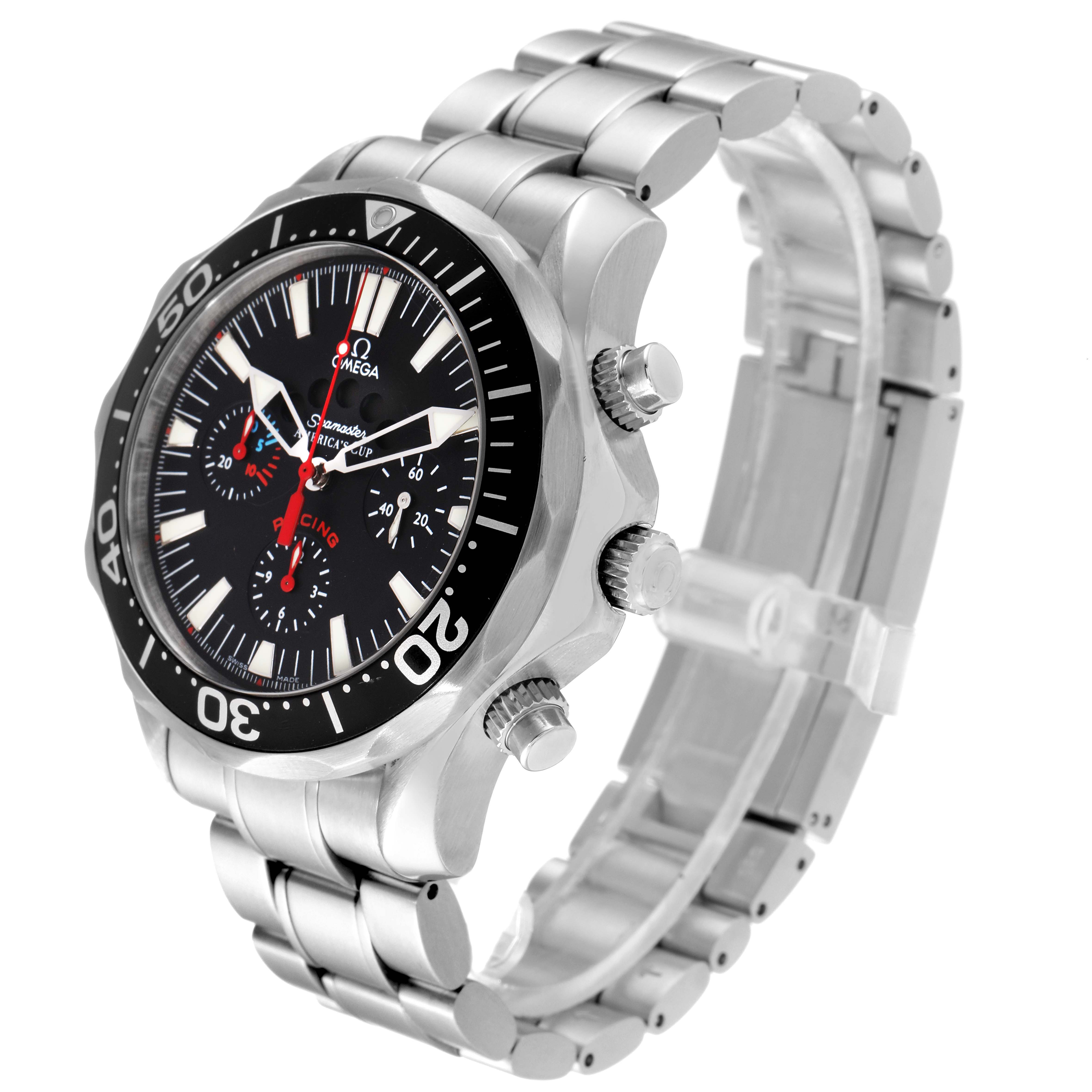 The image shows an angled side view of an Omega Seamaster 2569.50.00 Men's Stainless Steel Black Dial 2569.50.00 Men's Stainless Steel Black Dial watch, highlighting its stainless steel bracelet, bezel, and chronograph dials.