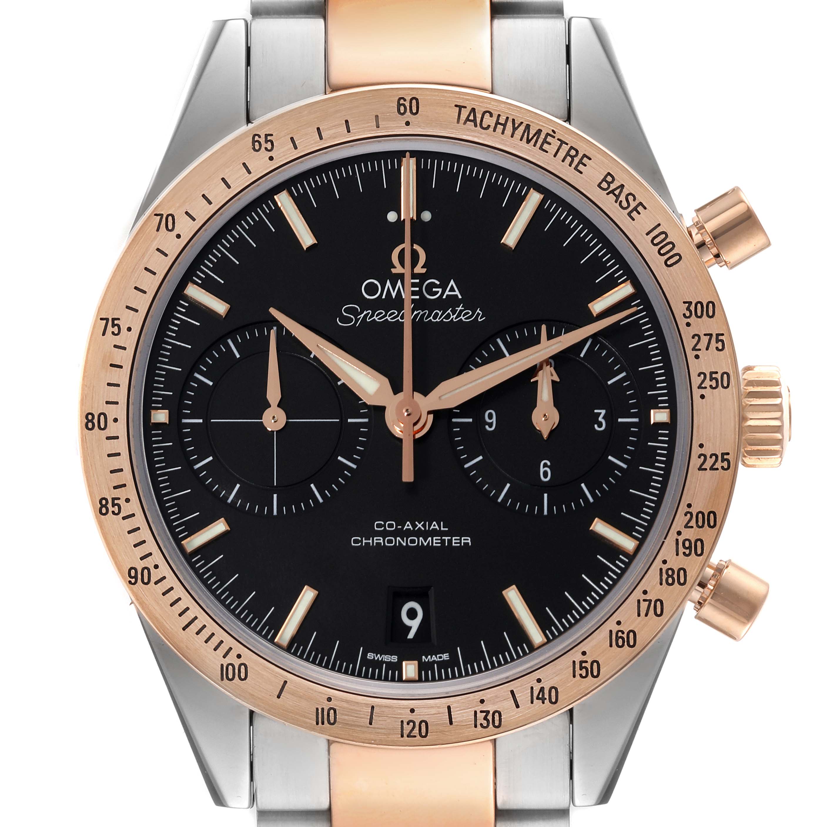 This image shows the front view of an Omega Speedmaster 331.20.42.51.01.002 Men's Steel and Gold (two tone) Black Dial 331.20.42.51.01.002 Men's Steel and Gold (two tone) Black Dial watch, highlighting its dial, chronograph sub-dials, and tachymeter bezel.