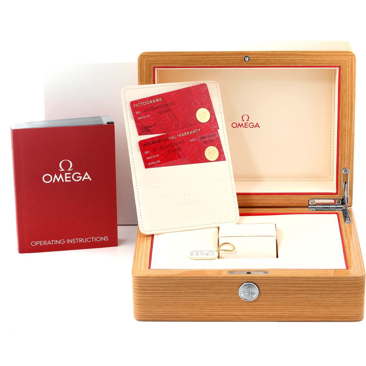 The image shows an Omega Speedmaster 331.20.42.51.01.002 Men's Steel and Gold (two tone) Black Dial 331.20.42.51.01.002 Men's Steel and Gold (two tone) Black Dial watch box with warranty cards and operating instructions at a straight-on angle.