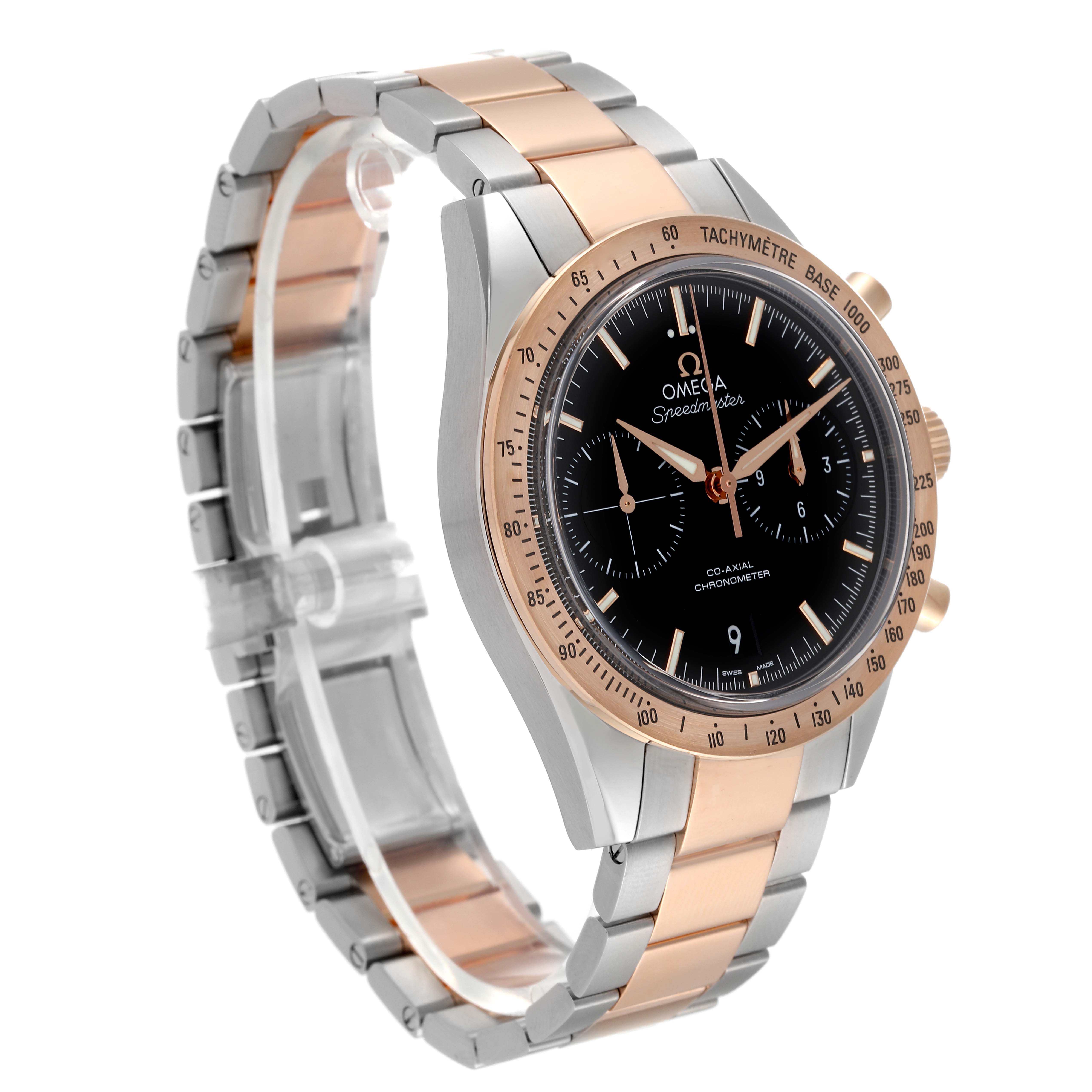This image shows an angled view of an Omega Speedmaster 331.20.42.51.01.002 Men's Steel and Gold (two tone) Black Dial 331.20.42.51.01.002 Men's Steel and Gold (two tone) Black Dial watch, highlighting its bezel, dial, crown, and two-tone bracelet.