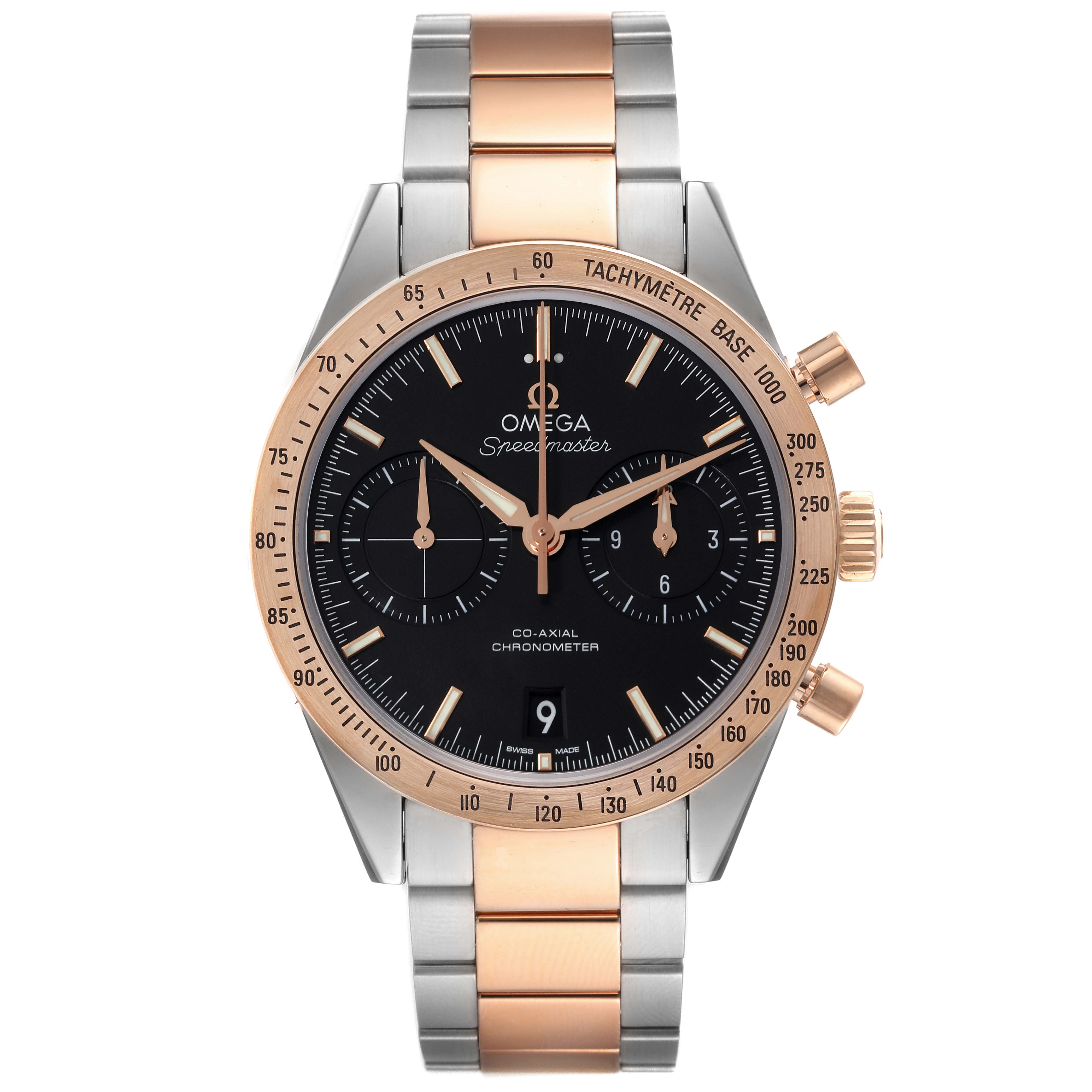 The Omega Speedmaster 331.20.42.51.01.002 Men's Steel and Gold (two tone) Black Dial 331.20.42.51.01.002 Men's Steel and Gold (two tone) Black Dial watch is shown from a front angle, highlighting its dial, bezel, and bi-metal bracelet.