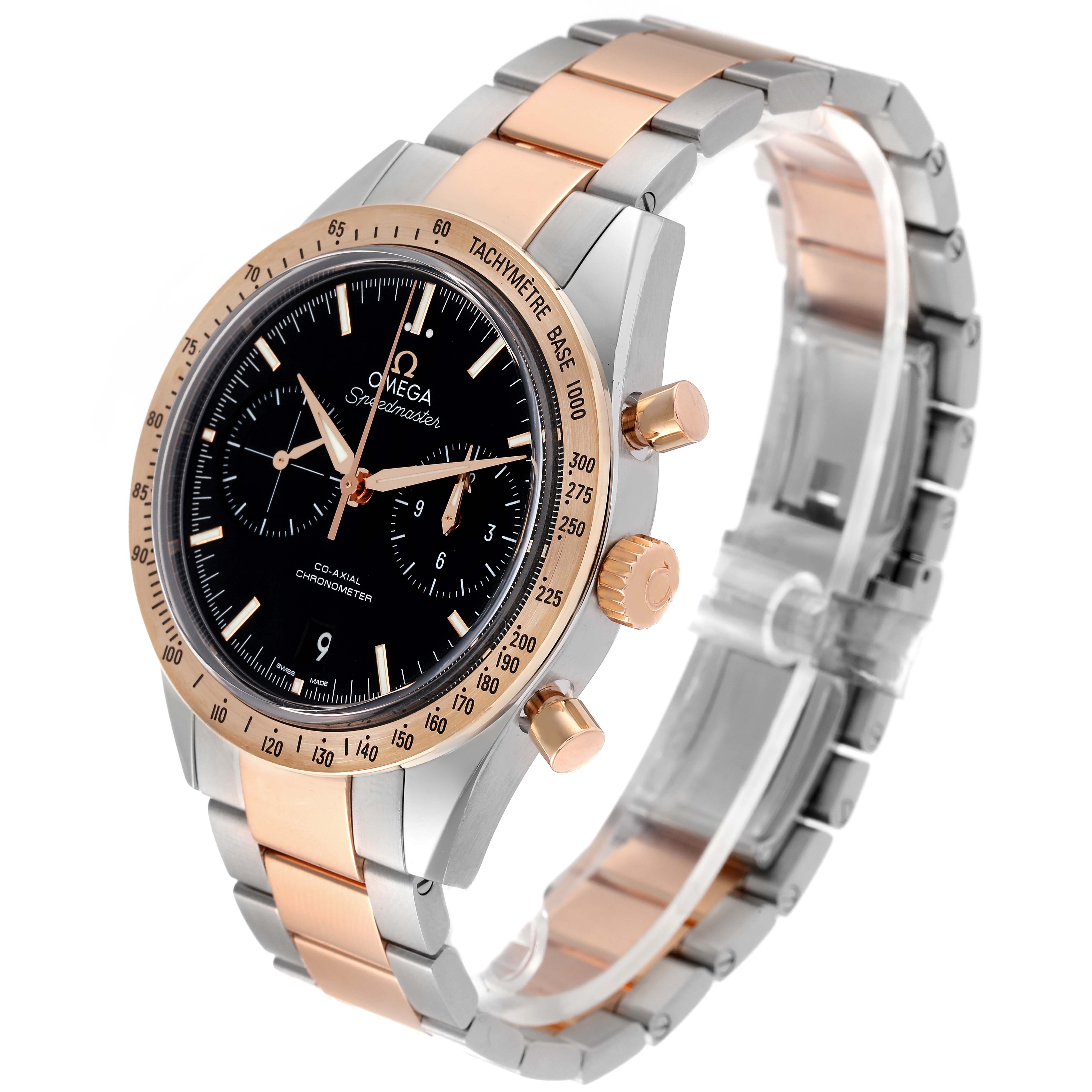 The image shows an Omega Speedmaster 331.20.42.51.01.002 Men's Steel and Gold (two tone) Black Dial 331.20.42.51.01.002 Men's Steel and Gold (two tone) Black Dial watch angled to display the dial, bezel, crown, and part of the bracelet.