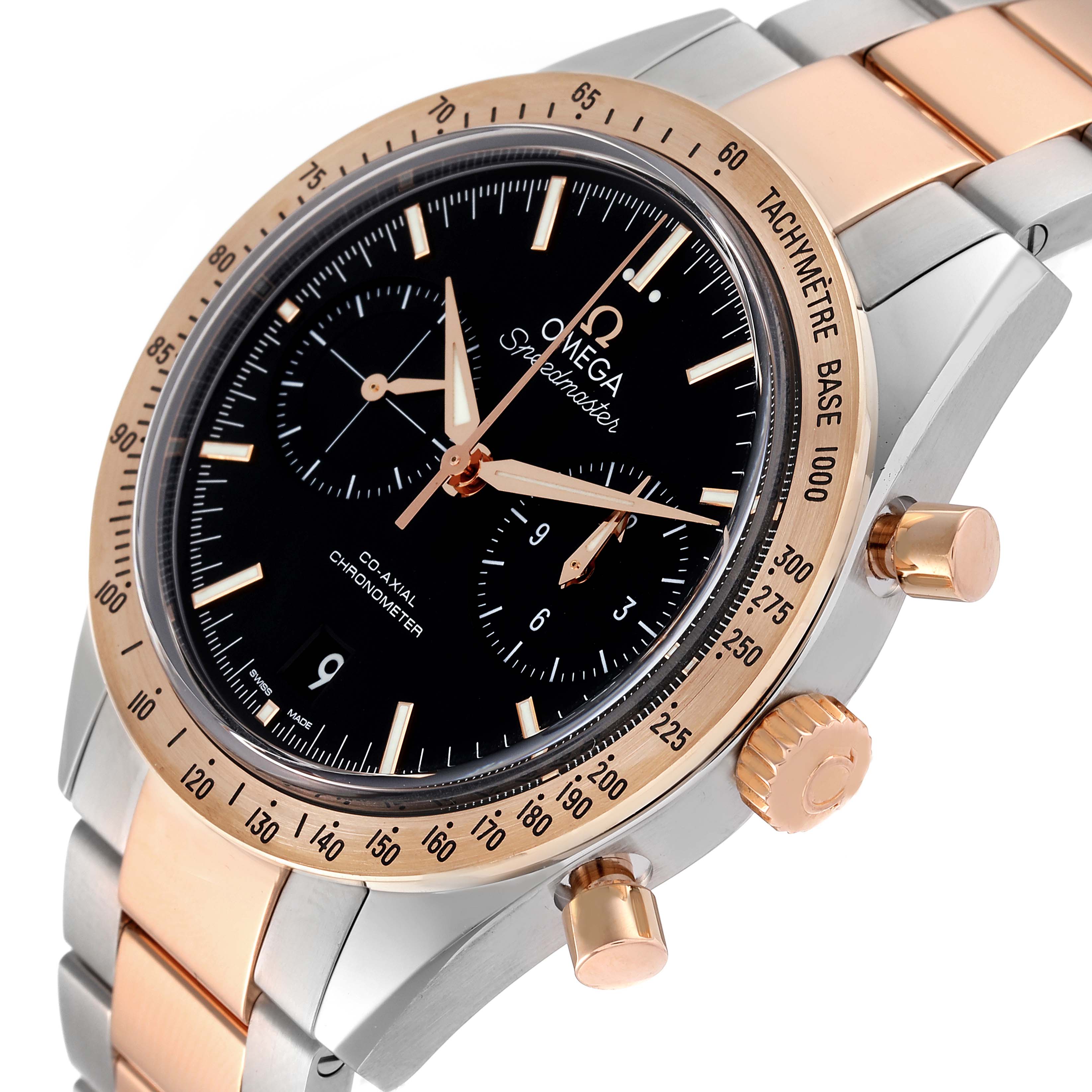 The image displays an Omega Speedmaster 331.20.42.51.01.002 Men's Steel and Gold (two tone) Black Dial 331.20.42.51.01.002 Men's Steel and Gold (two tone) Black Dial watch at an angle showing the face, bezel, crown, pushers, and part of the bracelet.