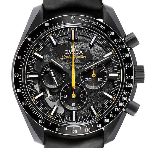 The Omega Speedmaster 310.92.44.50.01.001 Men's Ceramic Black Dial watch is shown from the front, highlighting its chronograph sub-dials and tachymeter bezel.