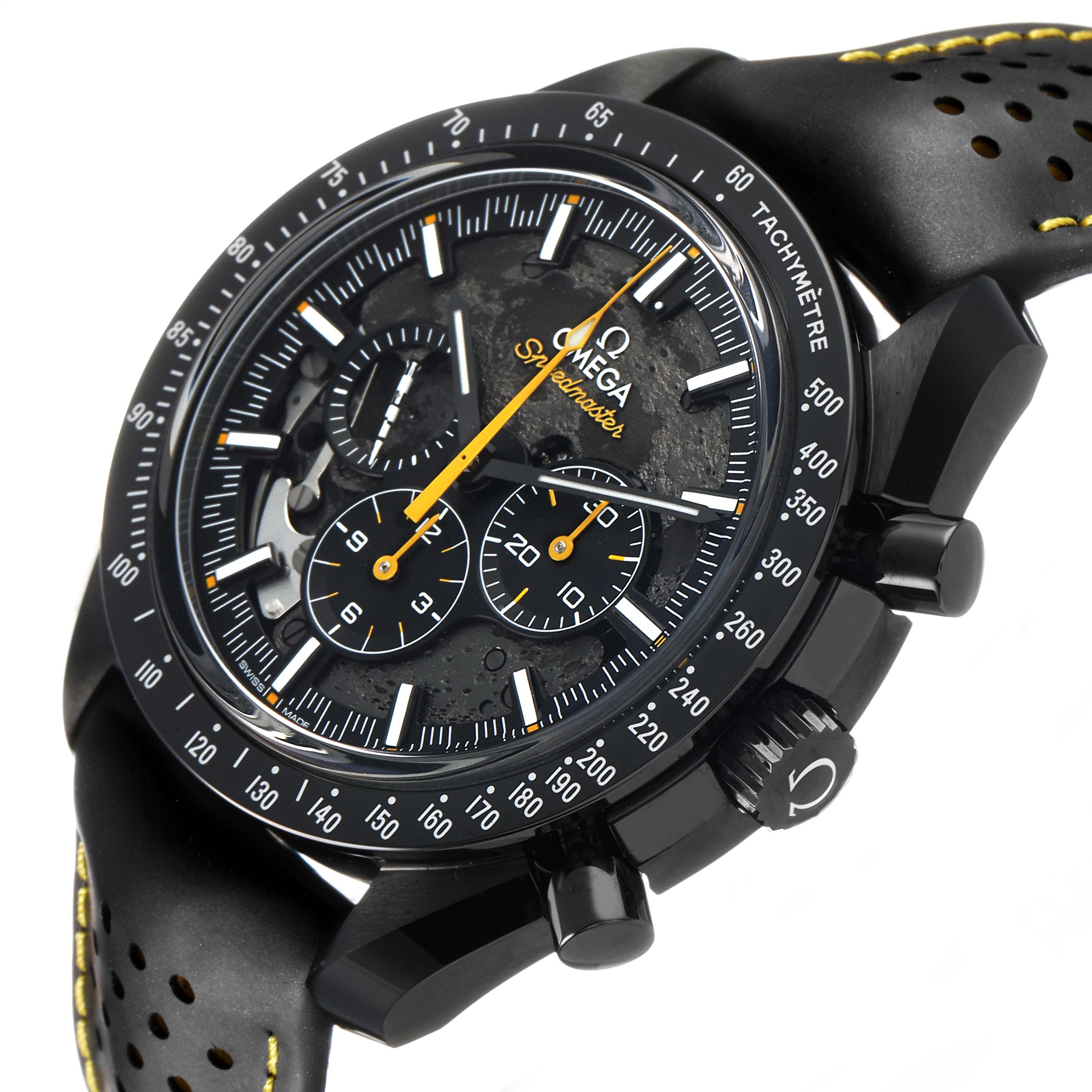 The Omega Speedmaster 310.92.44.50.01.001 Men's Ceramic Black Dial watch is shown at an angled close-up, highlighting the dial, tachymeter bezel, and pushers.