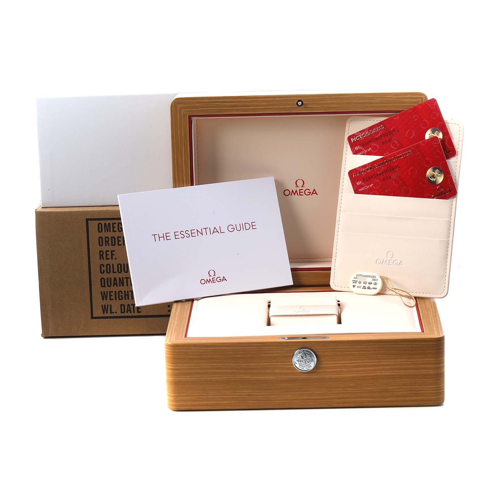 The Omega Speedmaster 310.92.44.50.01.001 Men's Ceramic Black Dial packaging is shown with an open box, card holder, and essential guide from a front angle.