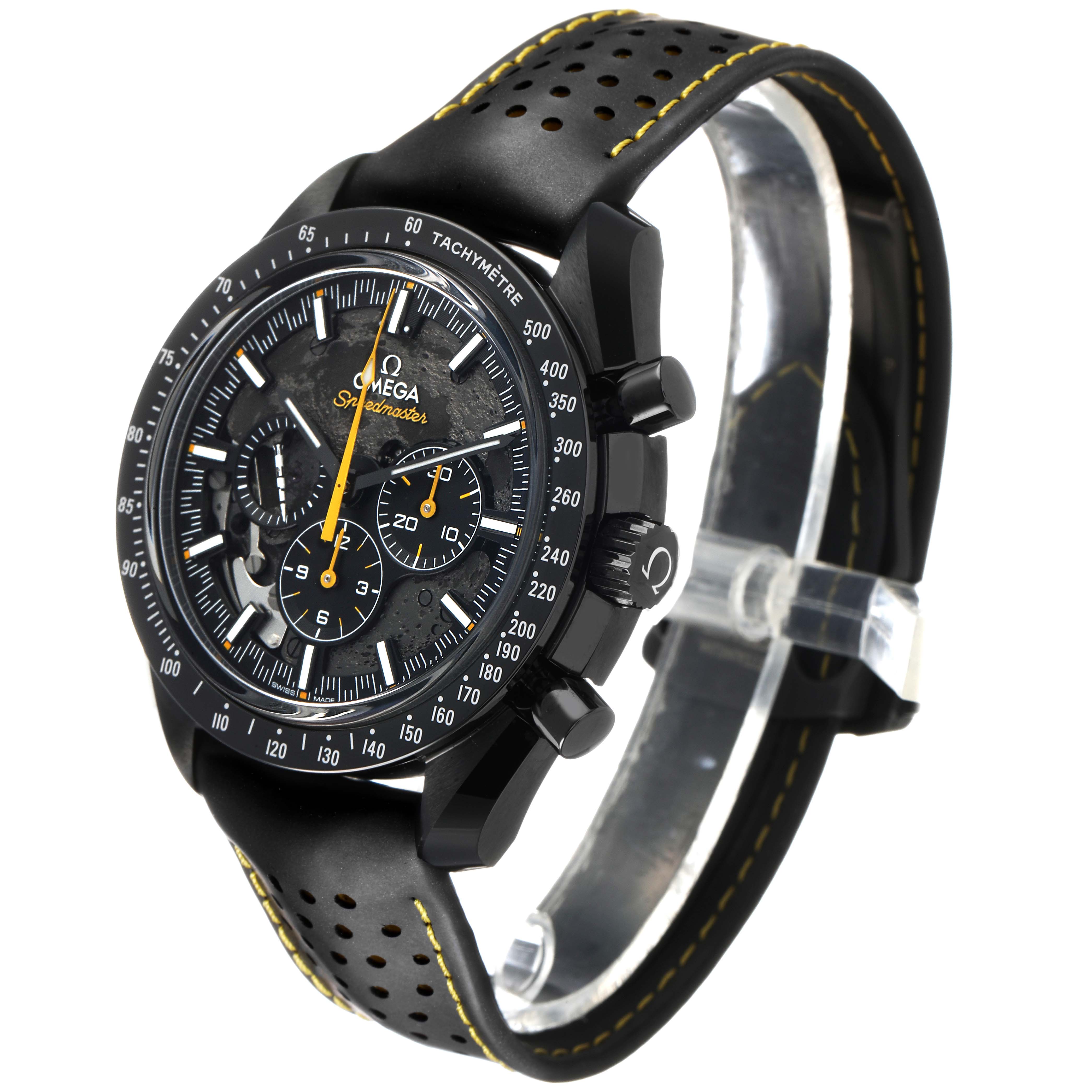The Omega Speedmaster 310.92.44.50.01.001 Men's Ceramic Black Dial watch is shown at a slight angle, highlighting its face, bezel, and perforated strap.