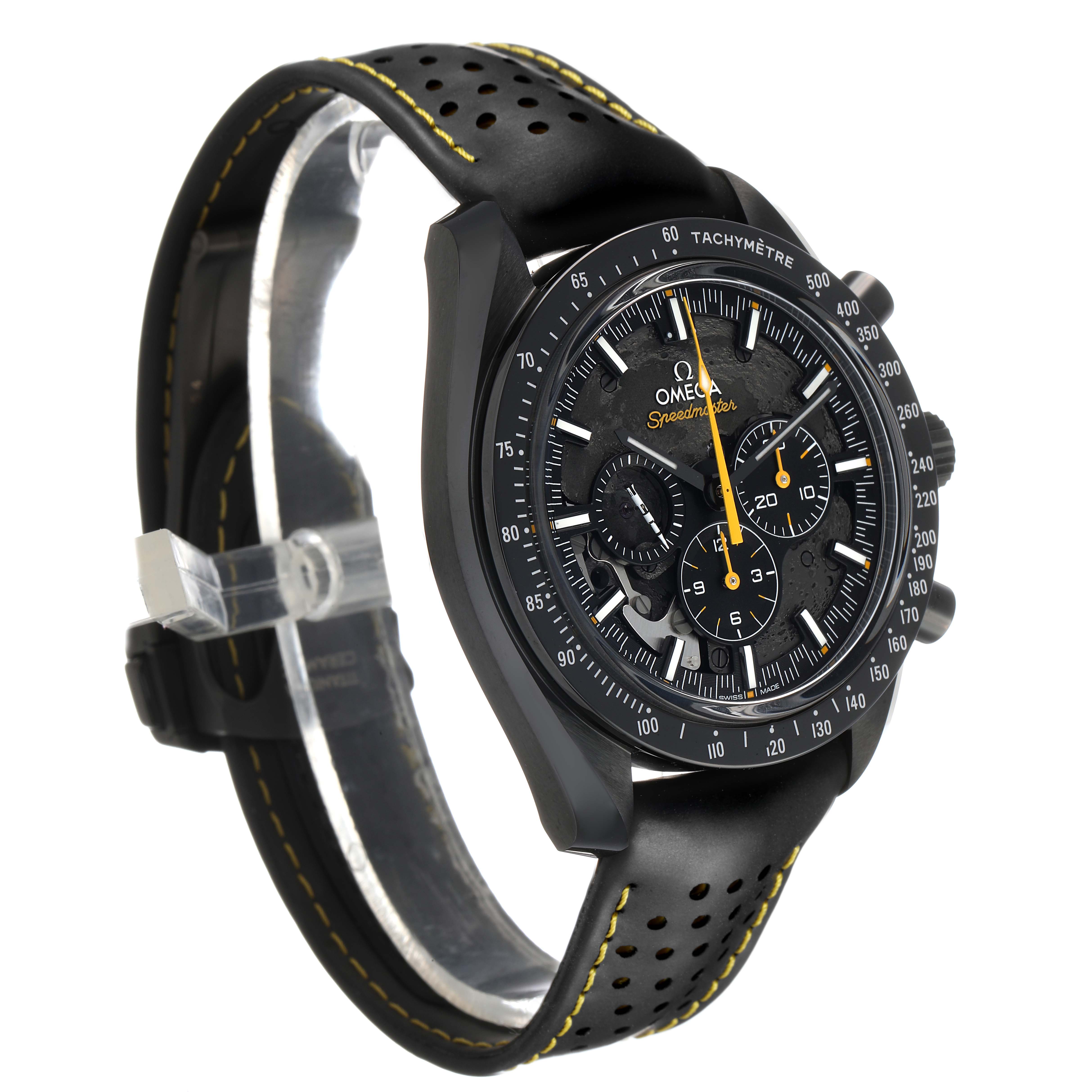 The Omega Speedmaster 310.92.44.50.01.001 Men's Ceramic Black Dial watch is shown at a slight angle displaying the face, tachymeter bezel, and perforated strap.